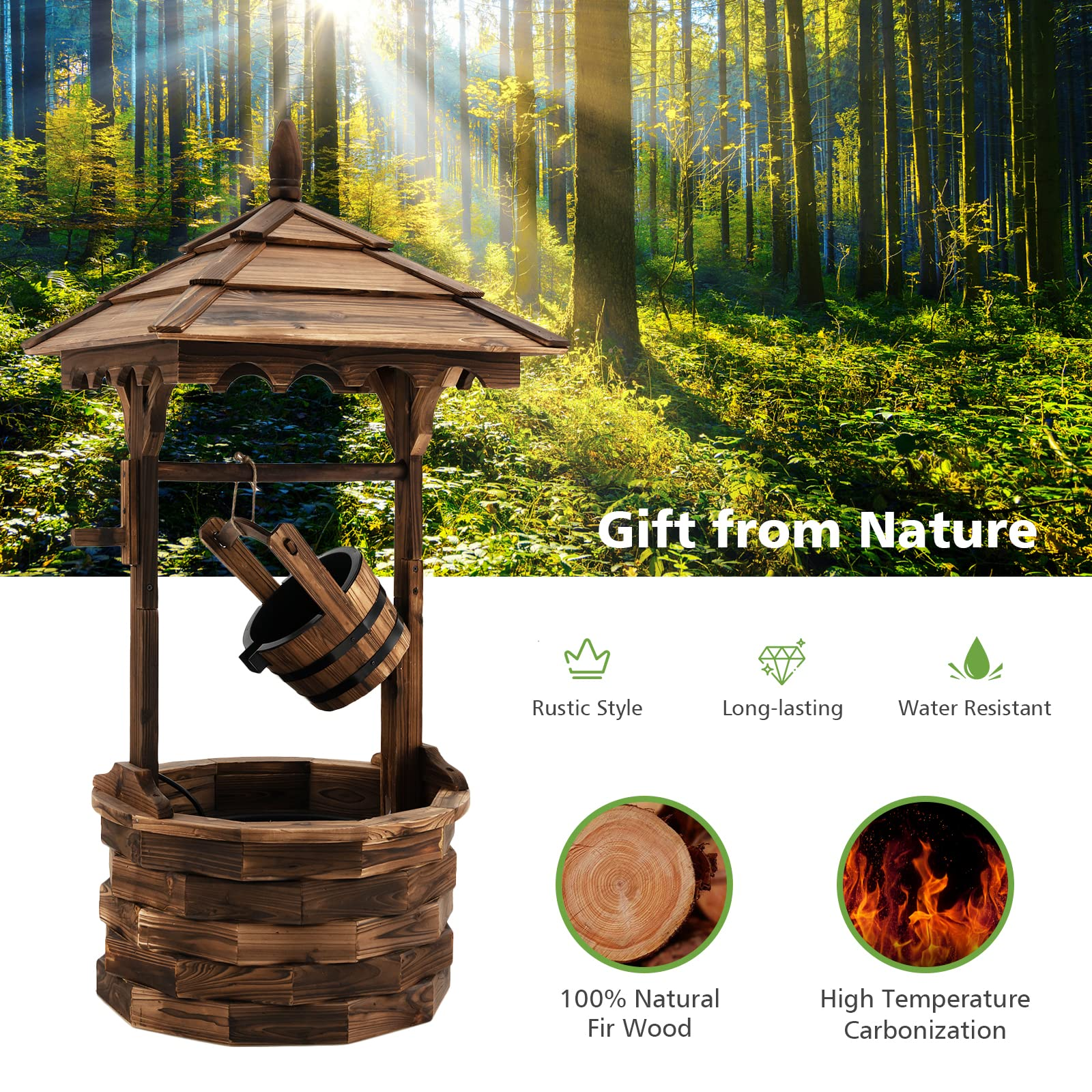 Giantex Rustic Wishing Well Fountain, Outdoor Wooden Water Fountain with Electric Pump