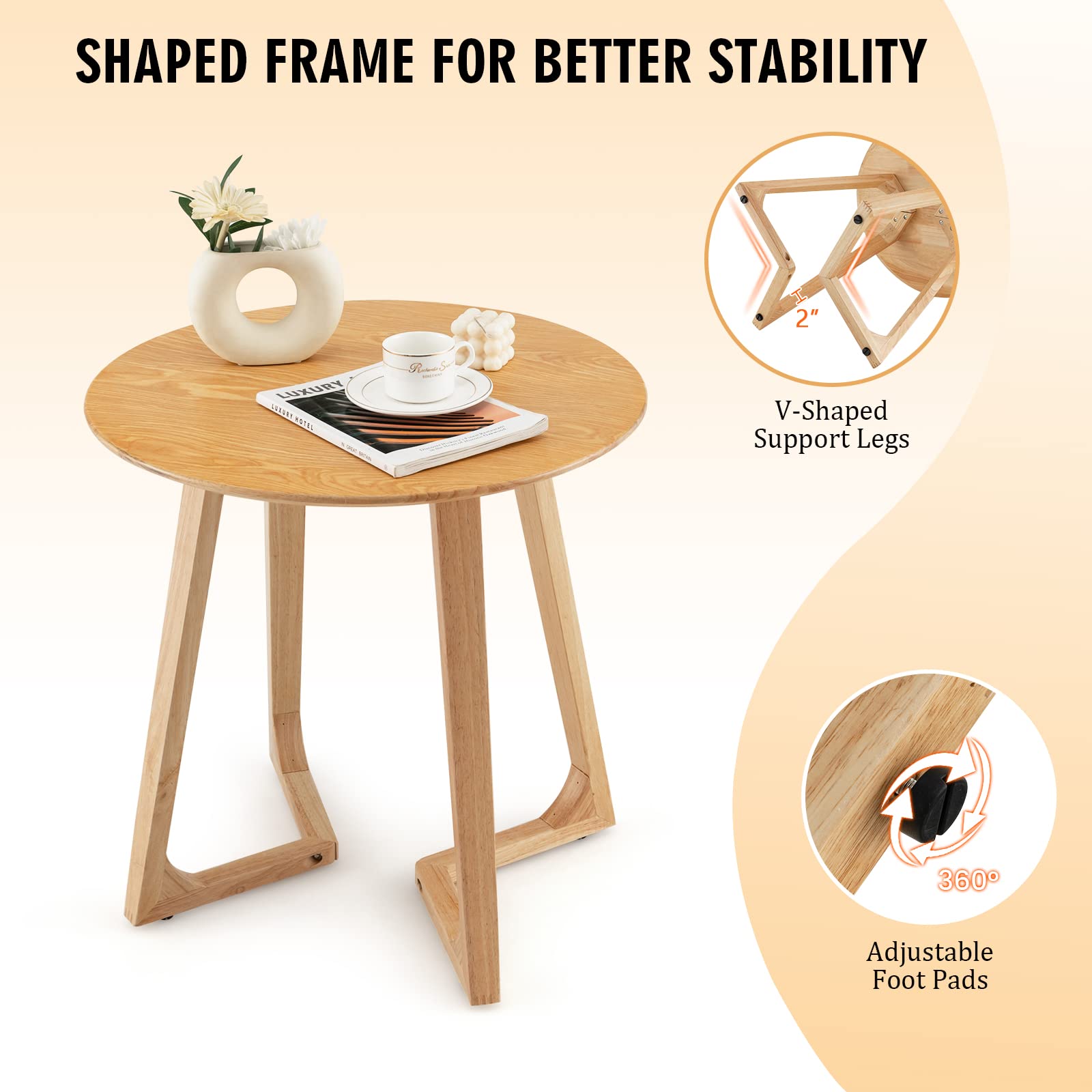 Giantex 24" Round End Table - Rubber Wood Sofa Side Table with Adjustable Foot Pads, Natural