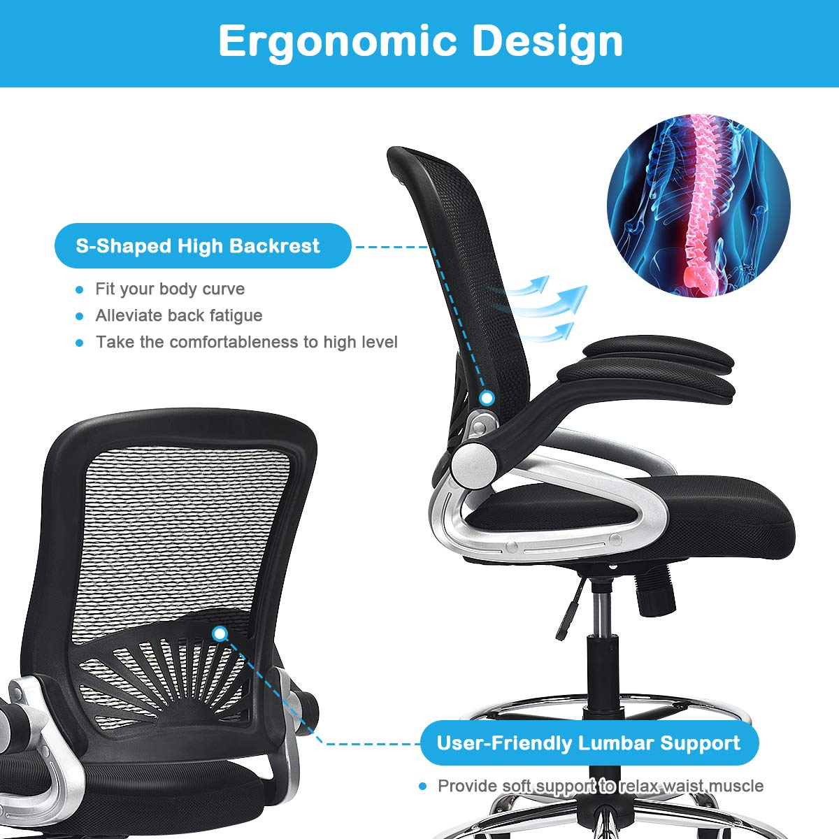 Giantex Mesh Drafting Chair, Standing Desk Stool with Lumbar Support