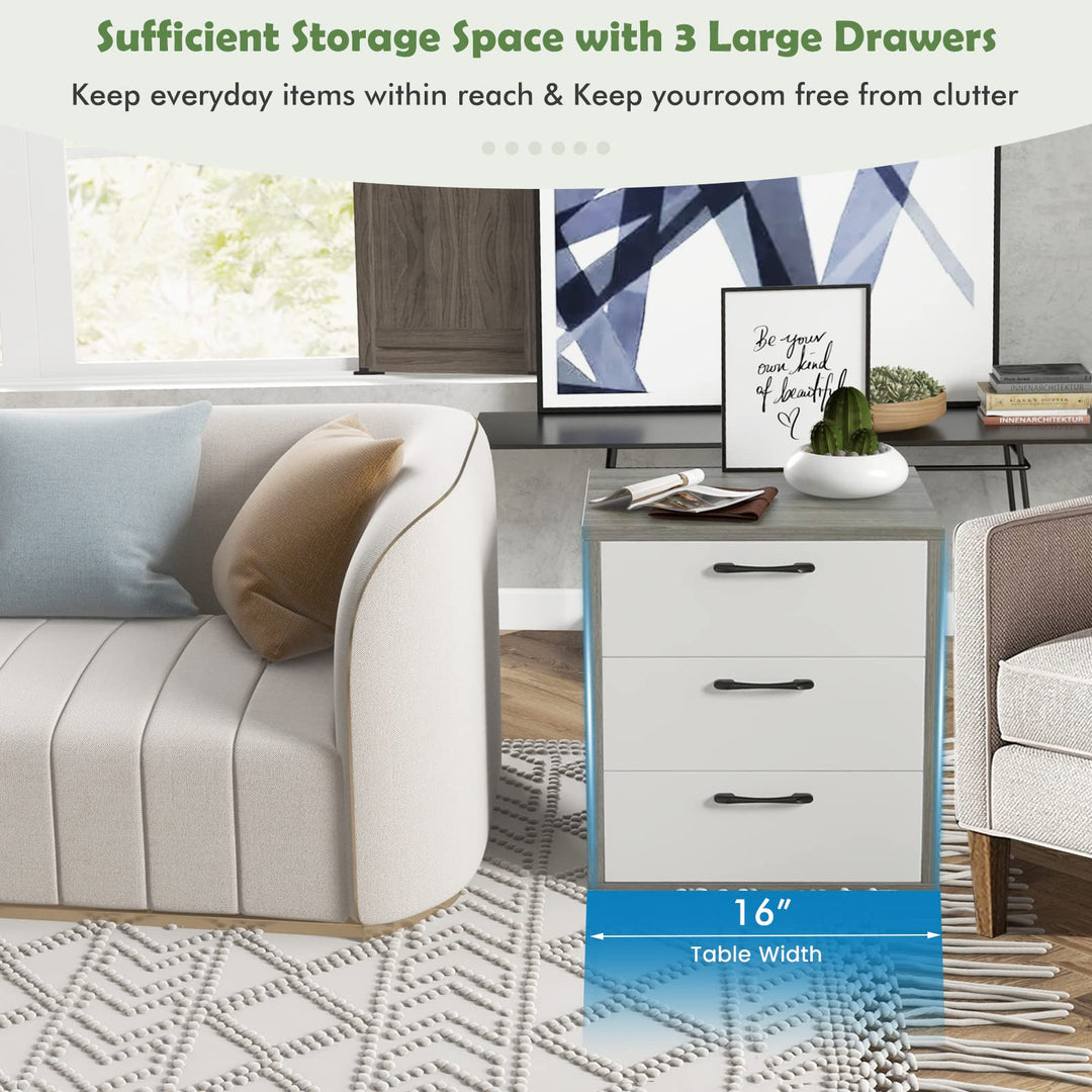 Giantex Storage Drawer Dresser - Wood End Table, Night Stand with 3 Drawers (1, White & Gray)