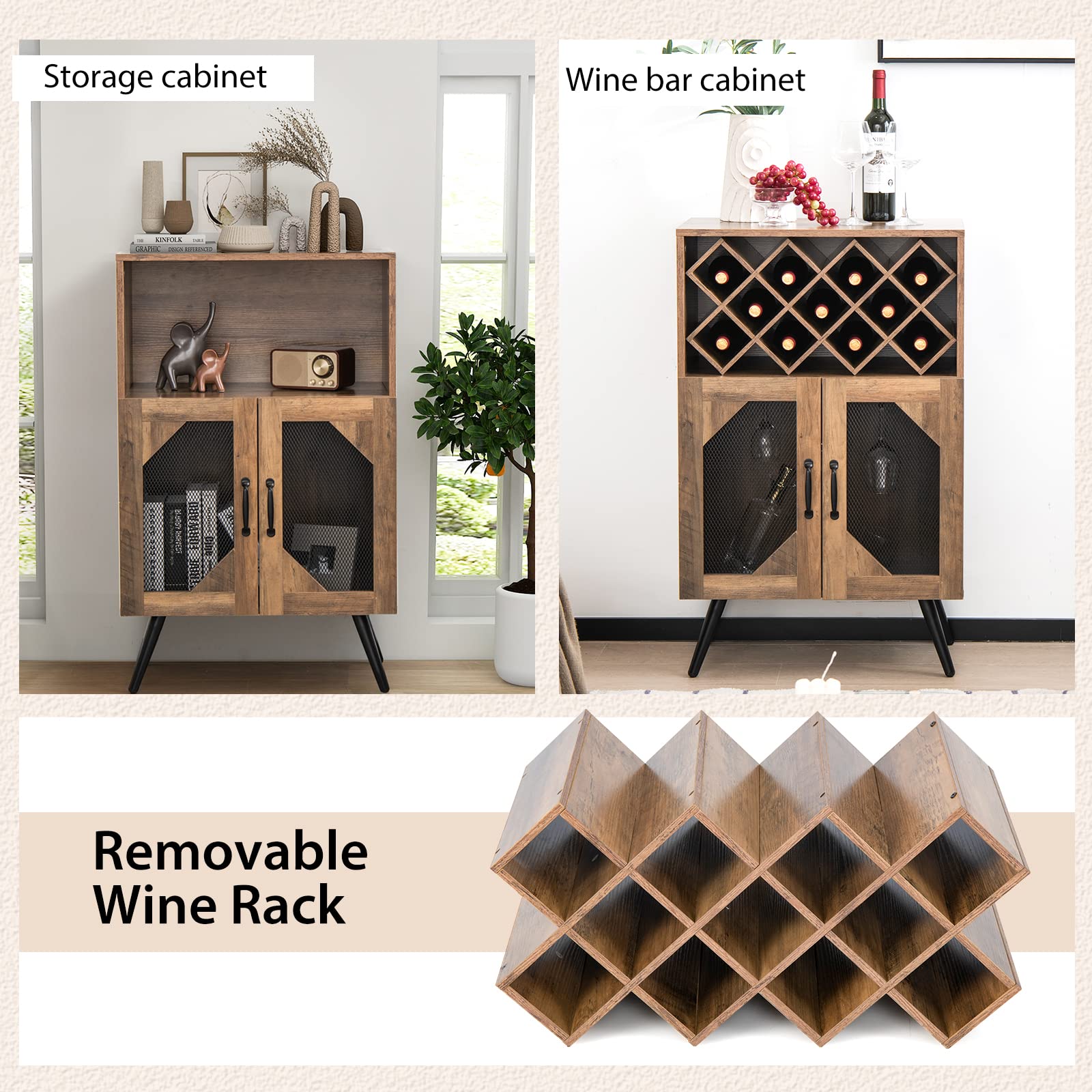 Giantex Farmhouse Buffet Cabinet with Storage, Wine Bar Cabinet 11 Bottles Rack (Brown & Black)