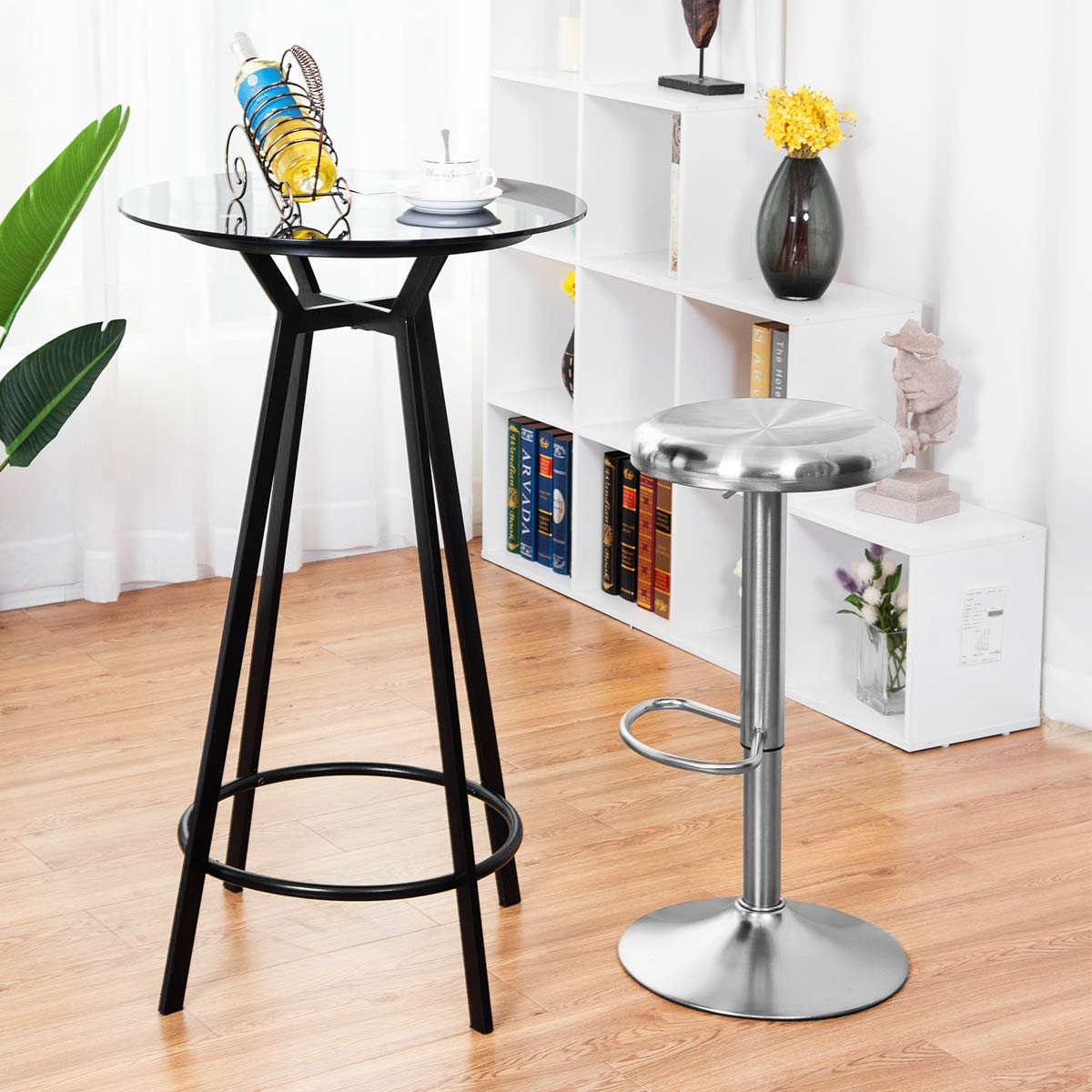 Modern Swivel Adjustable Height Barstool with Footrest, Stainless Steel Round Top Bar Height Barstools for Pub Bistro Kitchen Dining