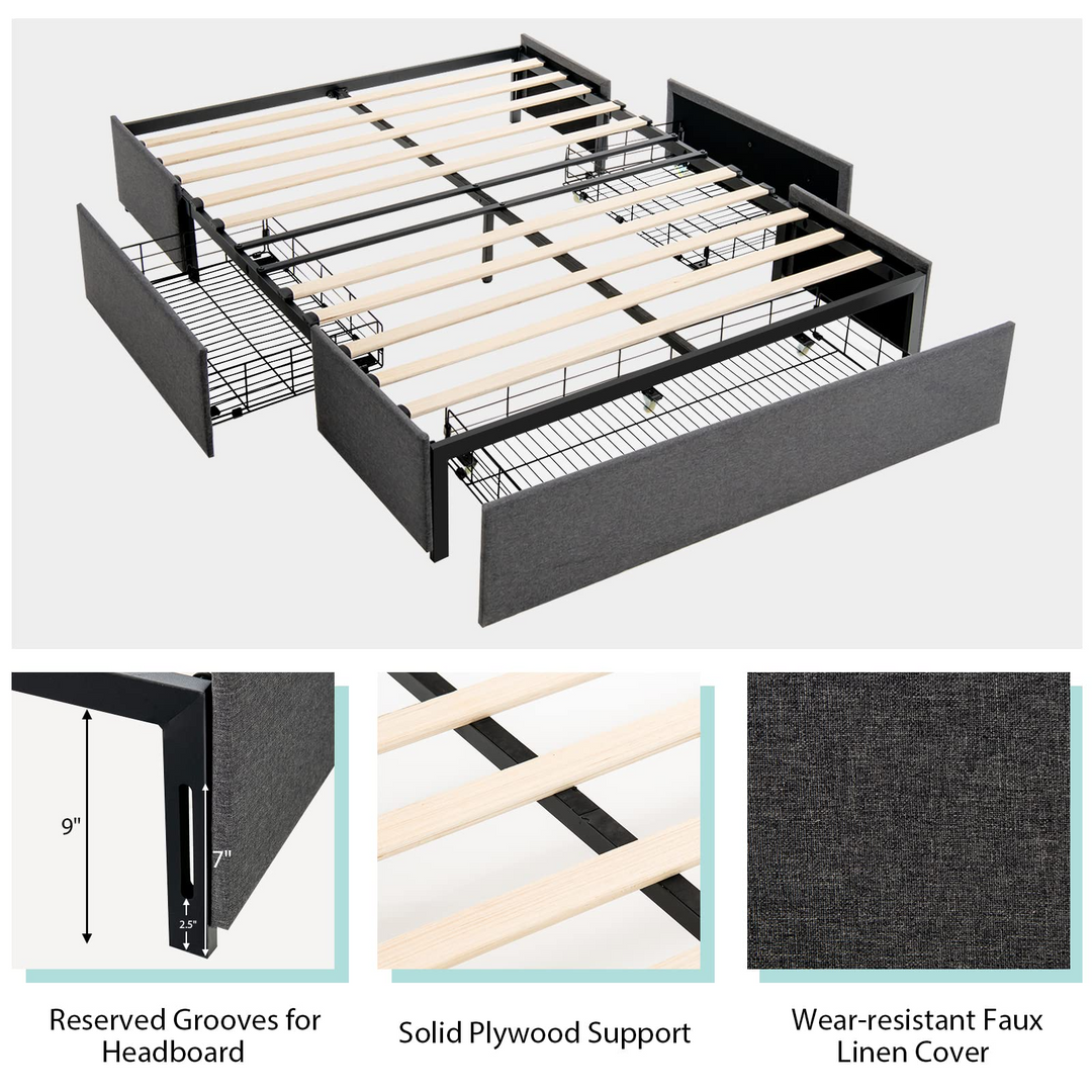 Full Size Platform Bed Frame with 3 Storage Drawers - Giantex