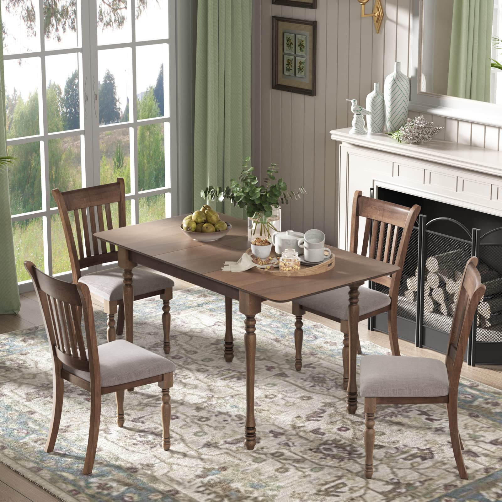 Giantex 5-Piece Dining Table Set, Solid Rubber Wood Farmhouse Kitchen Table Set