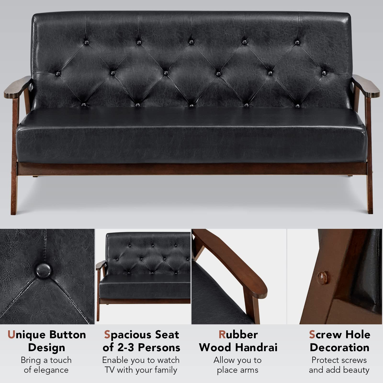 Giantex 3 Seat Sofa, Mid Century Retro Loveseat, Black Couch