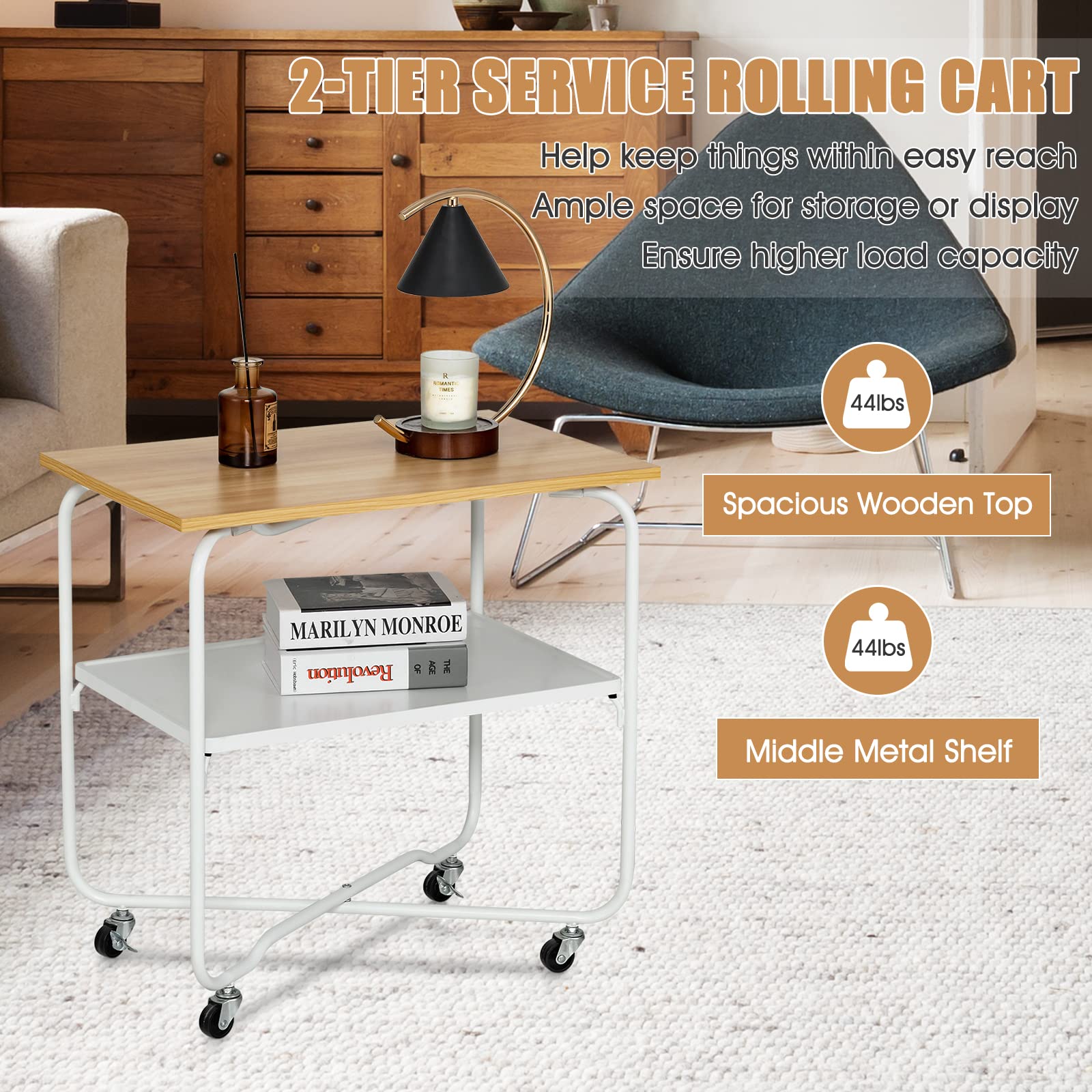 End Table on Wheels, 2-Tier Rolling Storage Cart - Giantex