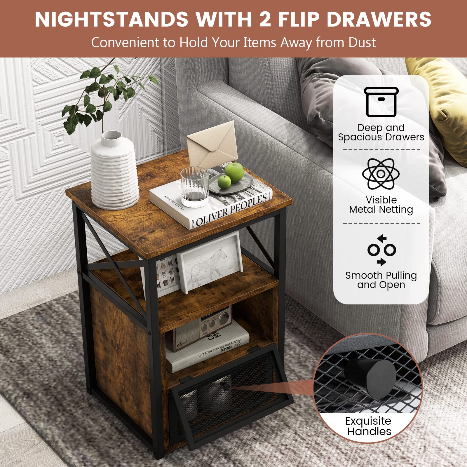 Giantex Modern Nightstand Set of 2, Industrial End Side Table with 2 Mesh Flip Drawers,Rustic Brown