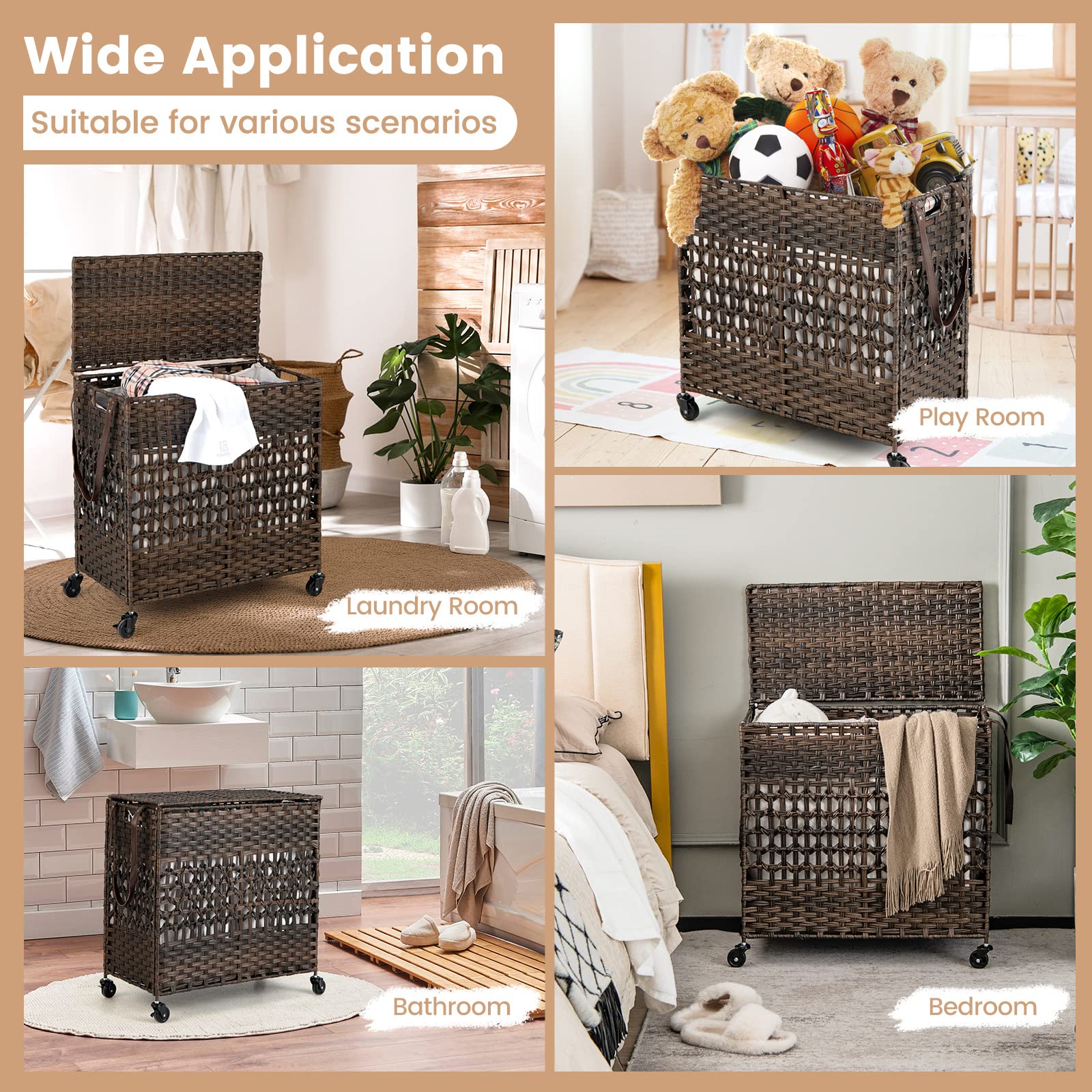 Giantex Laundry Hamper with Wheels and Lid, 33 Gal (125L) Wicker Laundry Basket, 2 Removable Liner Bags