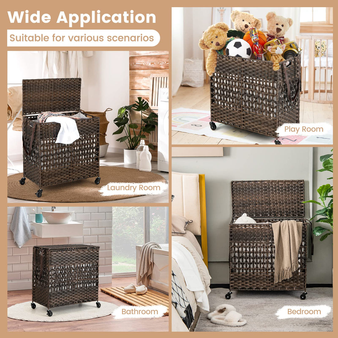 Giantex Laundry Hamper with Wheels and Lid, 33 Gal (125L) Wicker Laundry Basket, 2 Removable Liner Bags