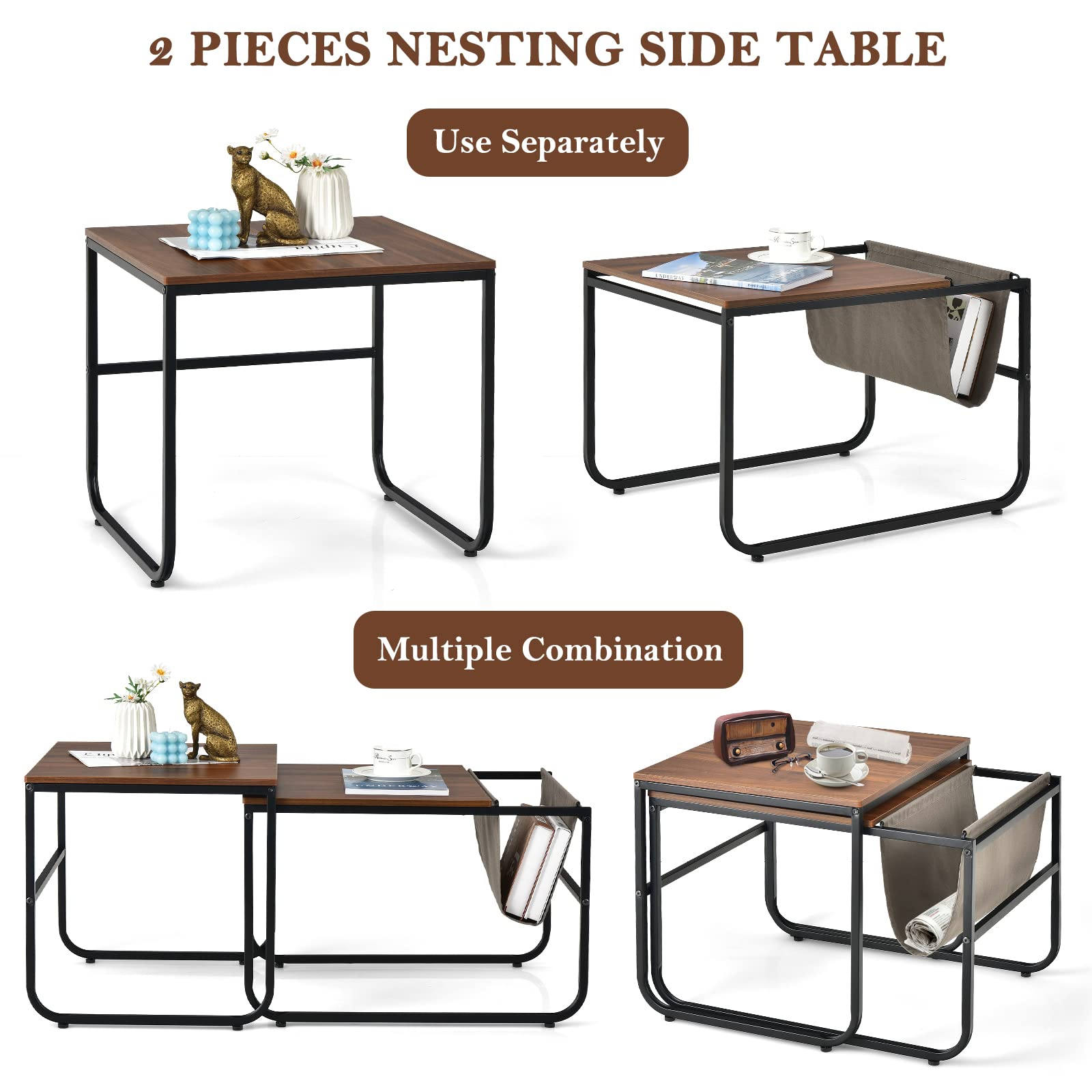 Nesting Coffee Table Set of 2, Stackable Side Table w/Side Pocket