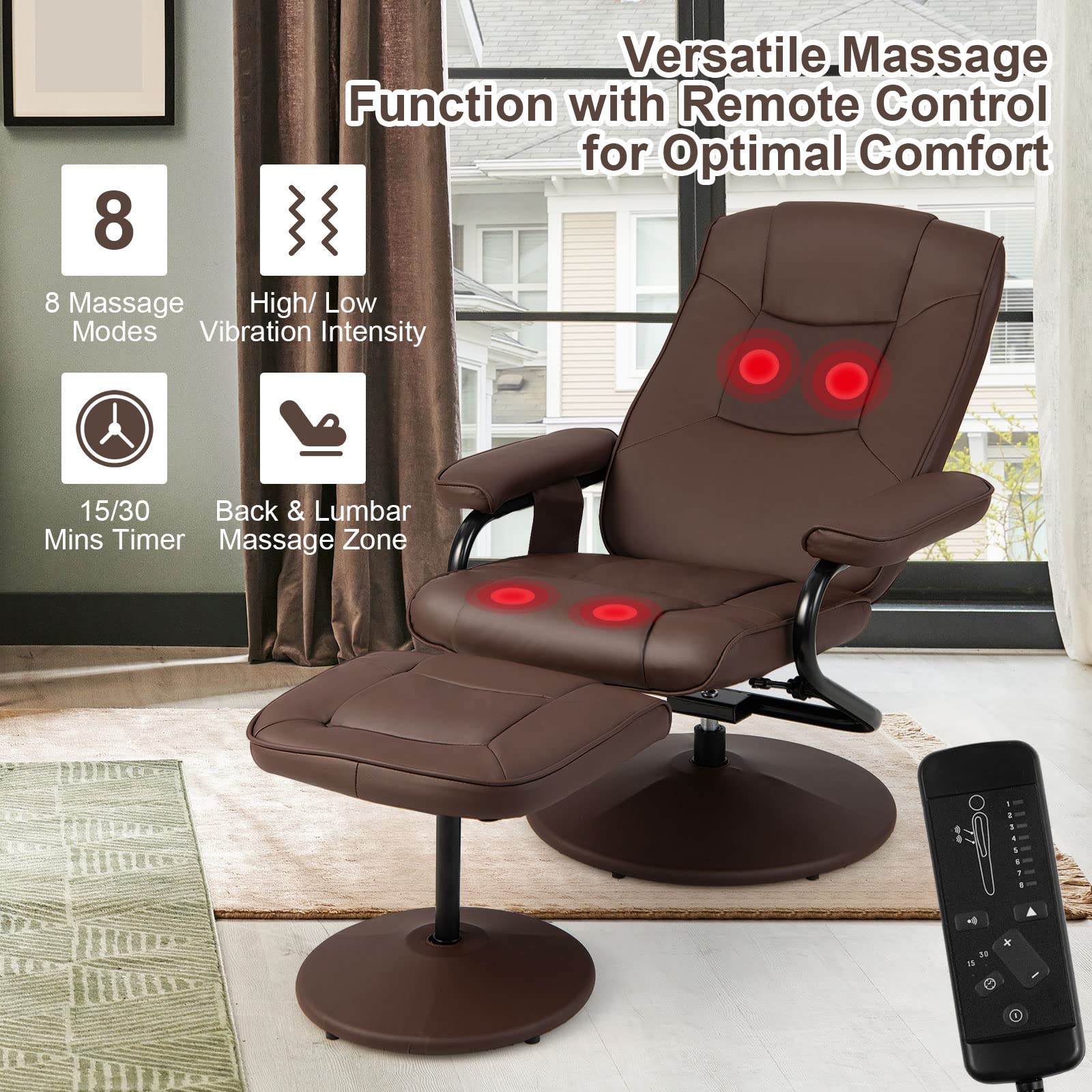 Giantex Recliner Chair with Ottoman, 360° Swivel Lounge Chair with Vibration Massage, Remote Control