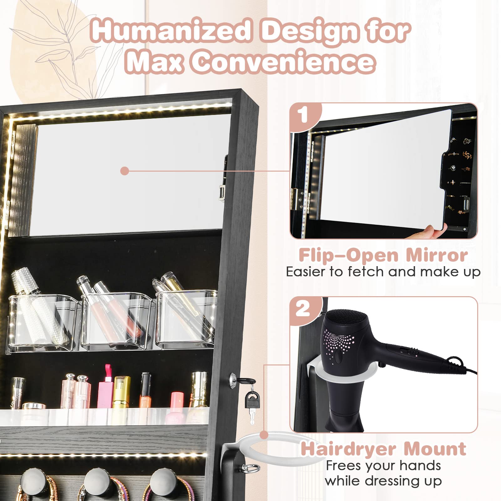 CHARMAID Jewelry Cabinet with 3-Color LED Light Strip