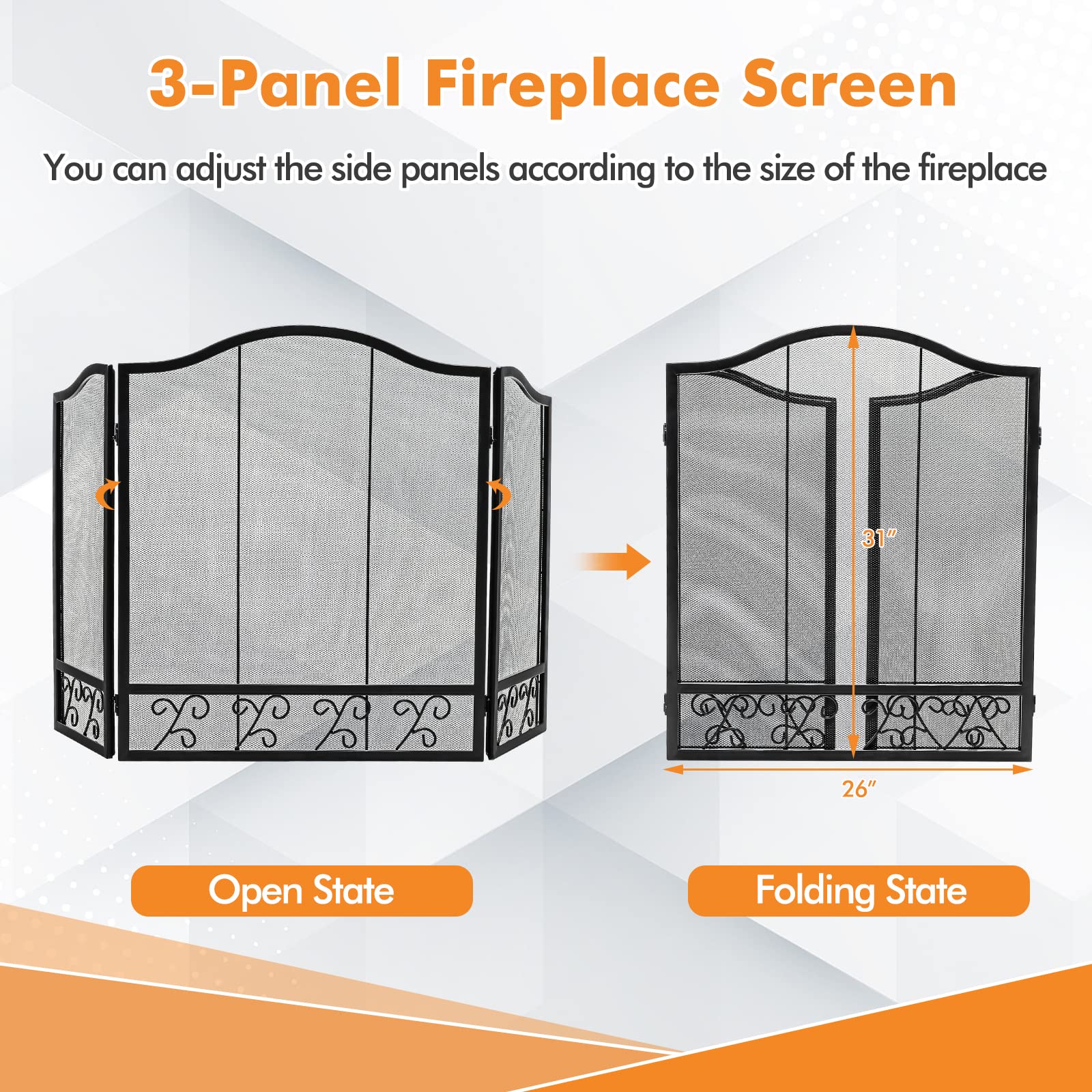 Giantex 3-Panel Folding Fireplace Screen Black - 50 x 31 Inch No Assembly Required Decorative Freestanding Steel Mesh Fire Screen