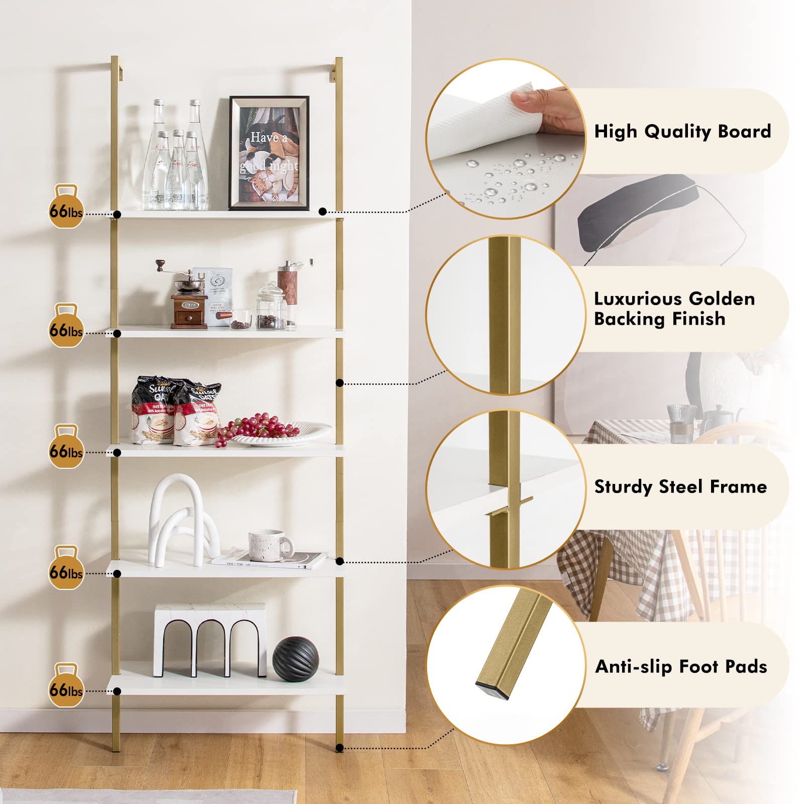 Giantex 5 Tier Modern Wall Mounted Bookshelf, 71'' White and Gold Wood Bookcase with Steel Frame