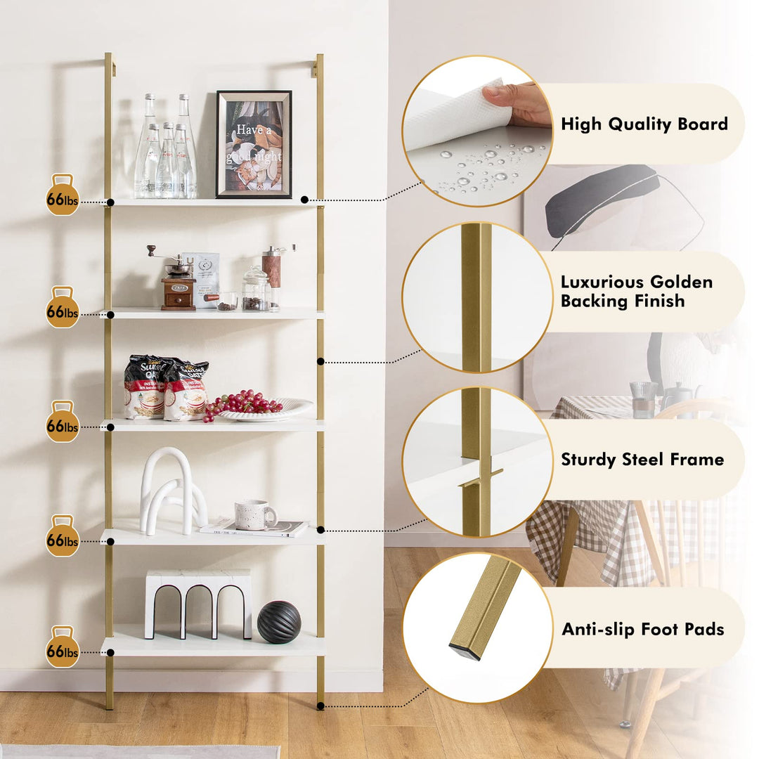 Giantex 5 Tier Modern Wall Mounted Bookshelf, 71'' White and Gold Wood Bookcase with Steel Frame