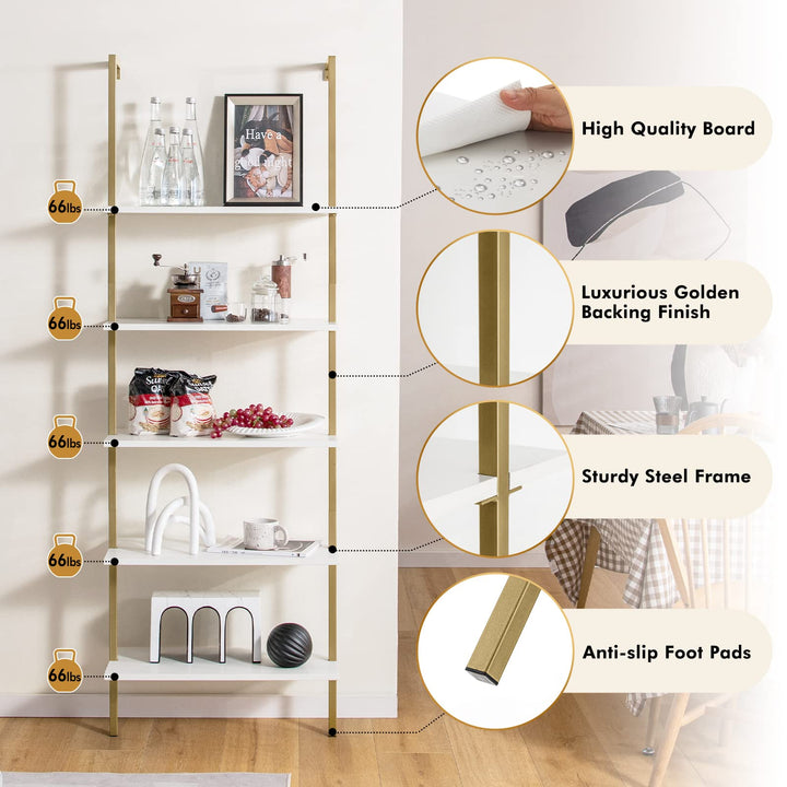 Giantex 5 Tier Modern Wall Mounted Bookshelf, 71'' White and Gold Wood Bookcase with Steel Frame
