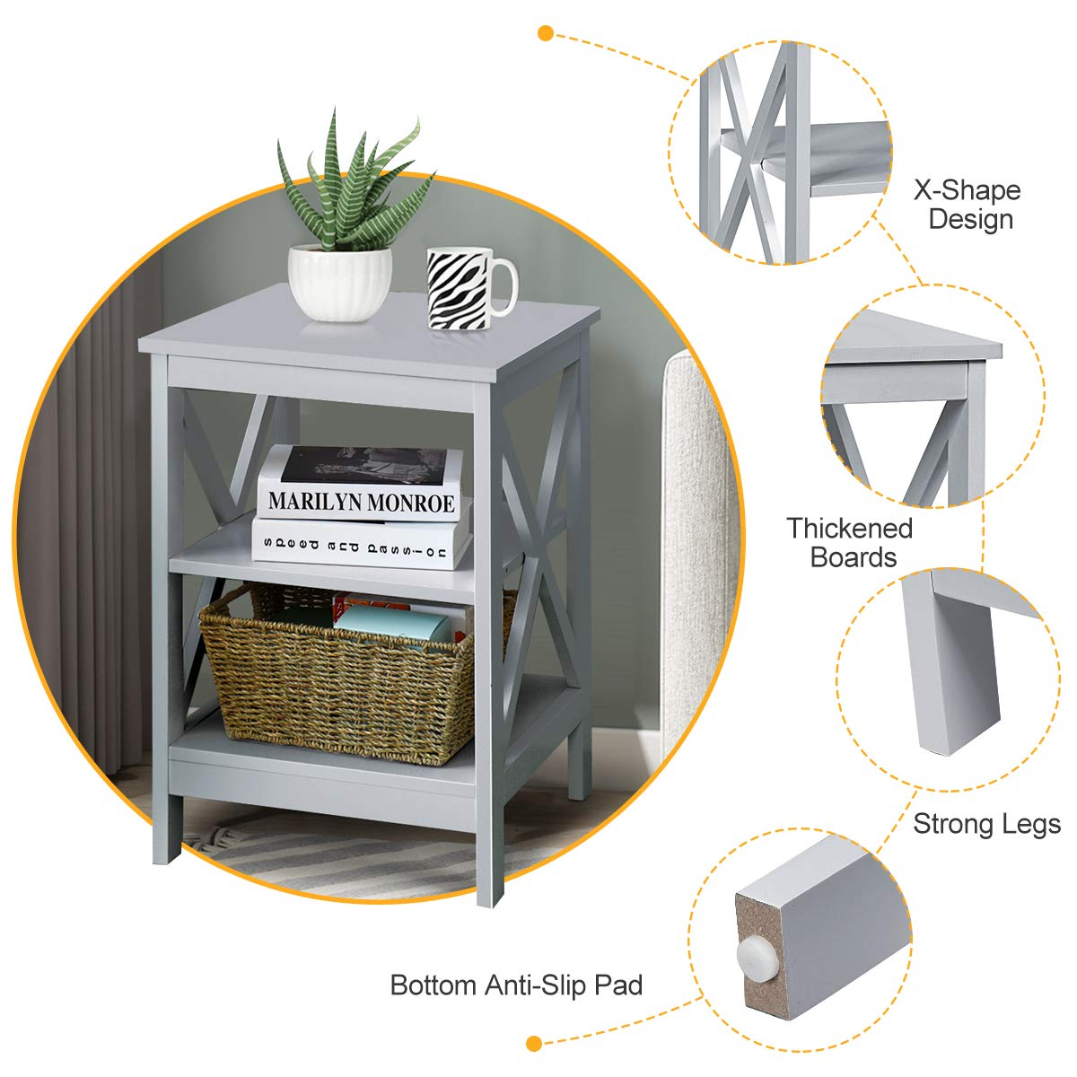 Nightstand 3-Tier X-Design W/Storage Shelves and Stable Structure Storage Organizer Display Sofa Side Table