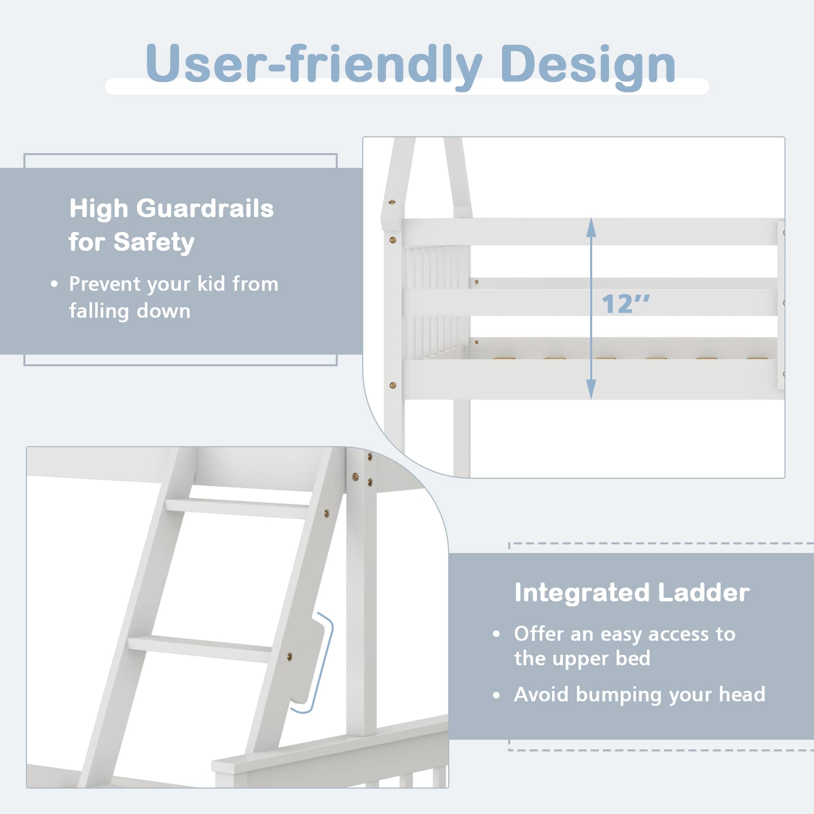 Giantex Twin Over Full House Bunk Bed, Floor Low Bunk Bed Frame w/Integrated Ladder & Safety Guardrails, White