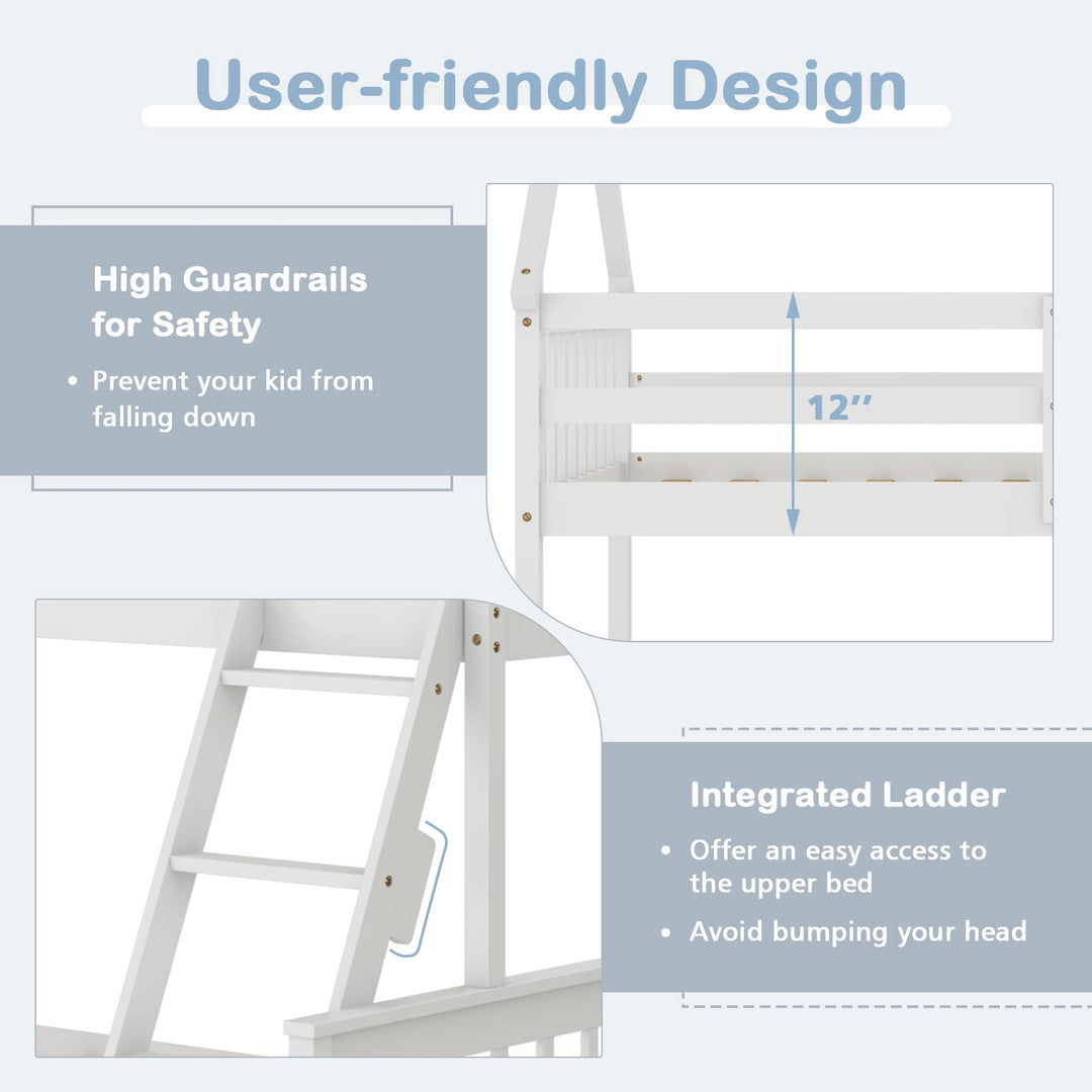 Giantex Twin Over Full House Bunk Bed, Floor Low Bunk Bed Frame w/Integrated Ladder & Safety Guardrails