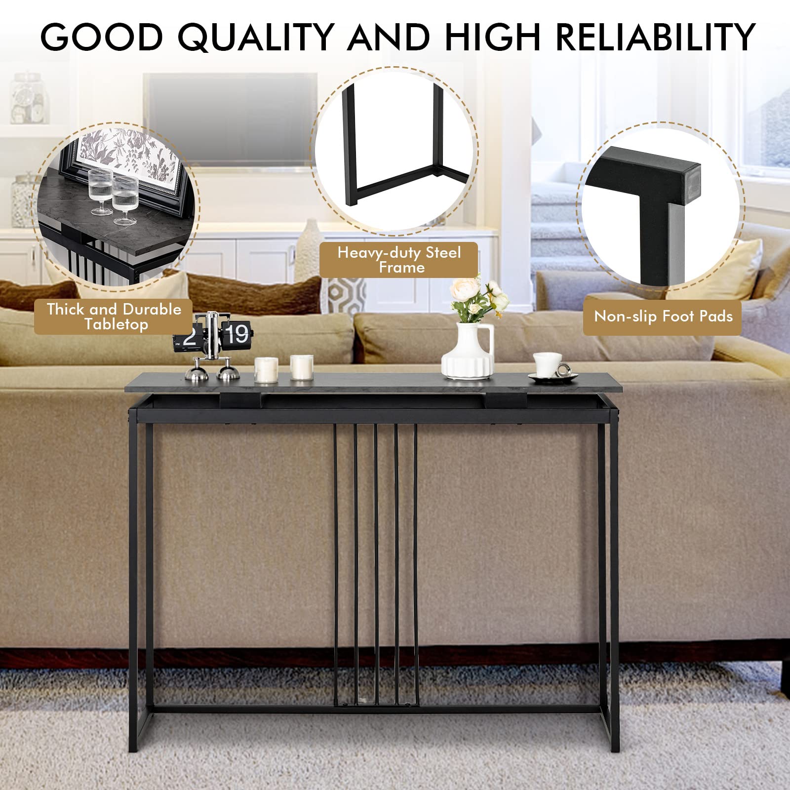 Giantex Console Tables for Entryway - 48" Faux Marble Sofa Table with Powder-Coated Steel Frame, Black