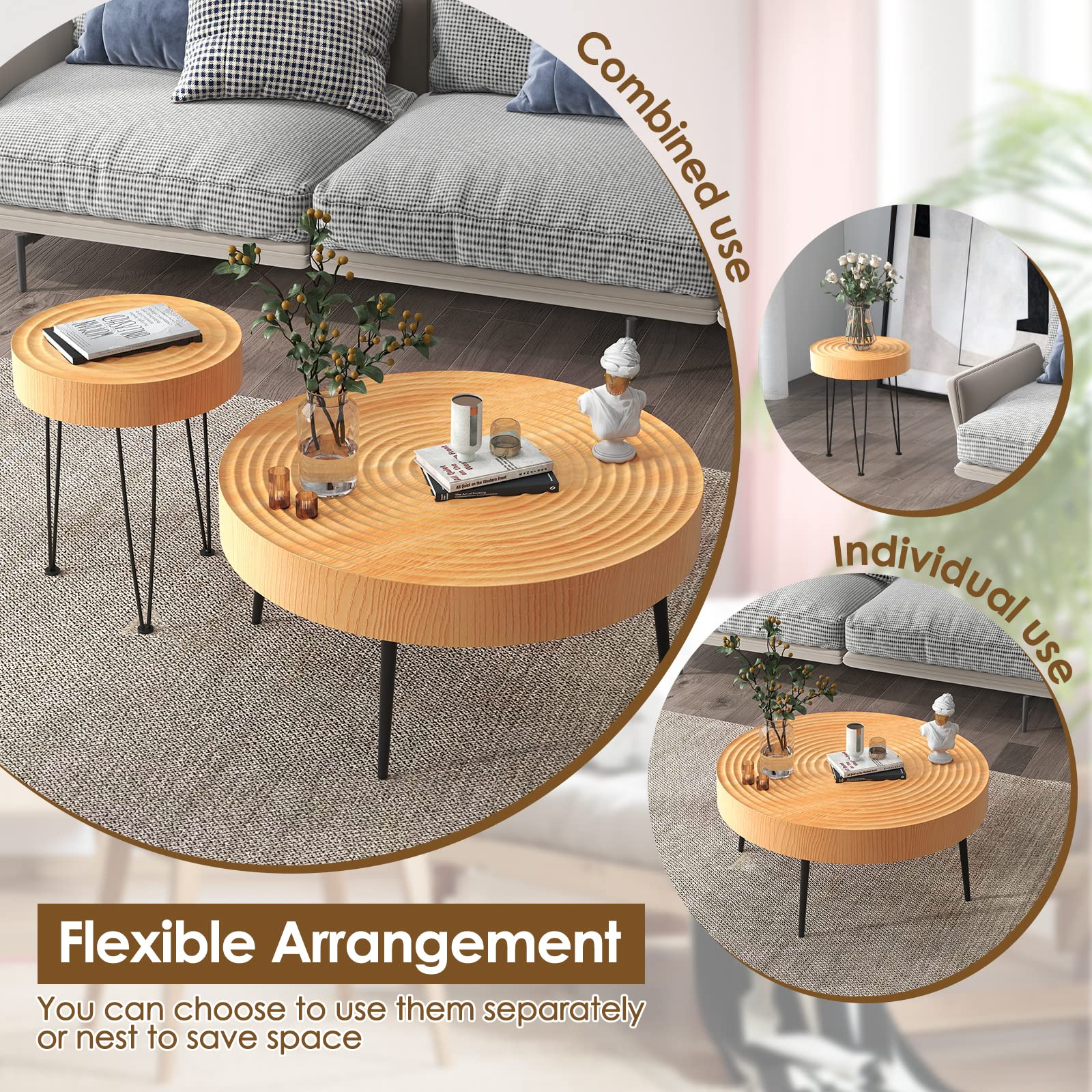 Giantex Round Coffee Table Set of 2 - Sofa Side Nesting Table w/Solid Pine Wood Top