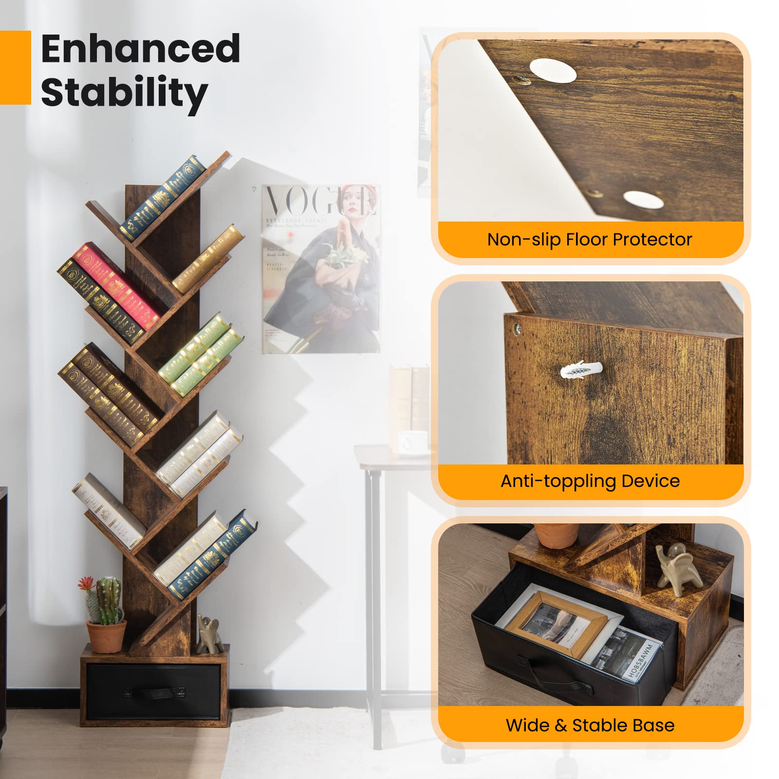 Giantex Tree Bookshelf with Drawer, 10 Shelf Space Saving