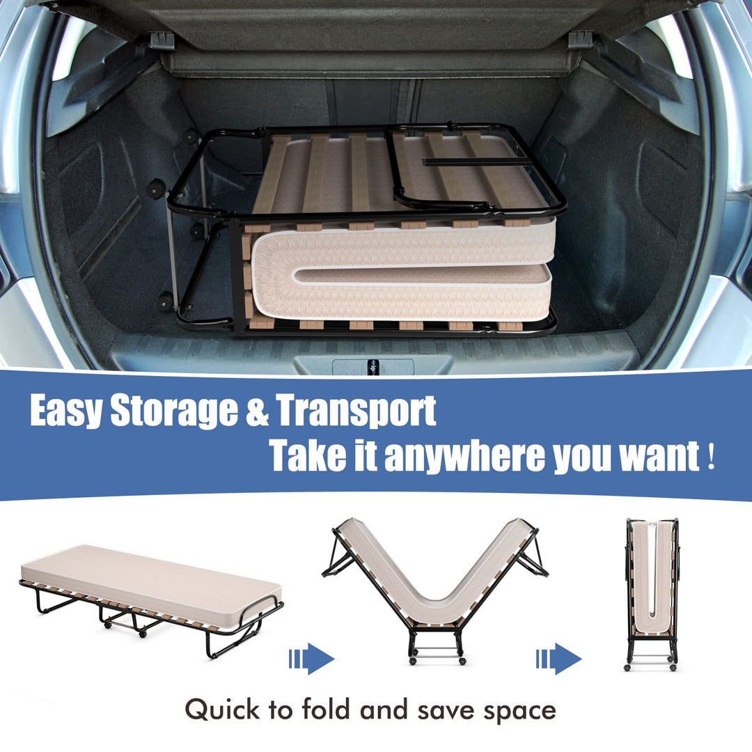 Giantex Folding Bed with Mattress for Adults, 75" x 32" Rollaway Guest Beds w/ 3 Inch Foam Mattress & Sturdy Metal Frame