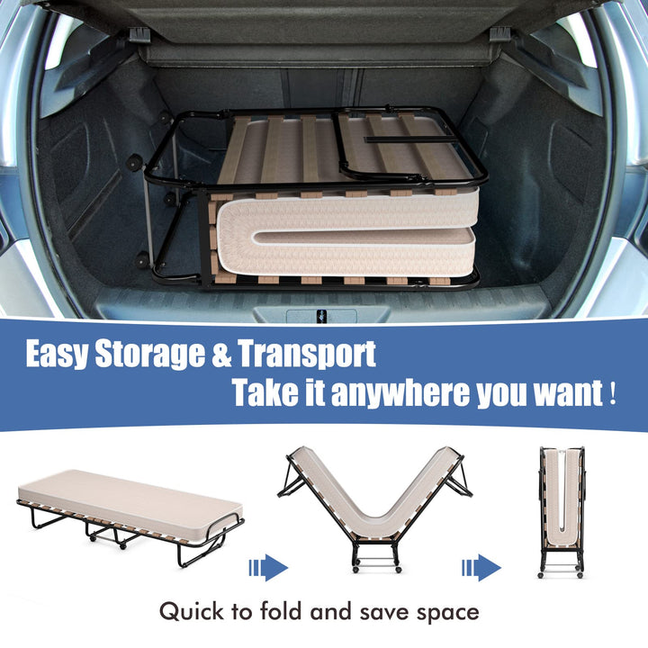 Giantex Folding Bed with Mattress for Adults, 75" x 32" Rollaway Guest Beds w/ 3 Inch Foam Mattress & Sturdy Metal Frame