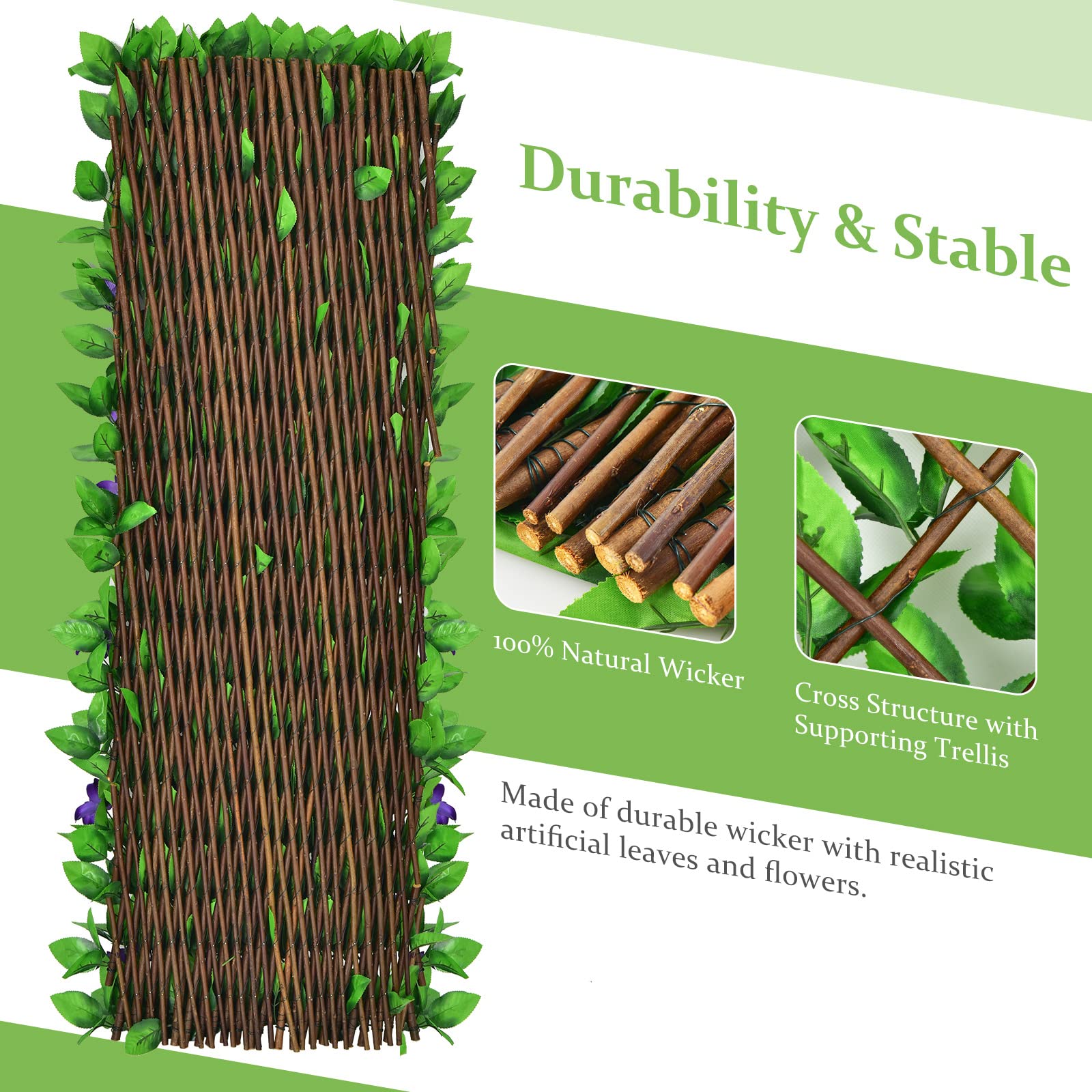 Expandable Fence with Leaves, 6.5ft Privacy Screen Decorative Fake Ivy Fencing Panel