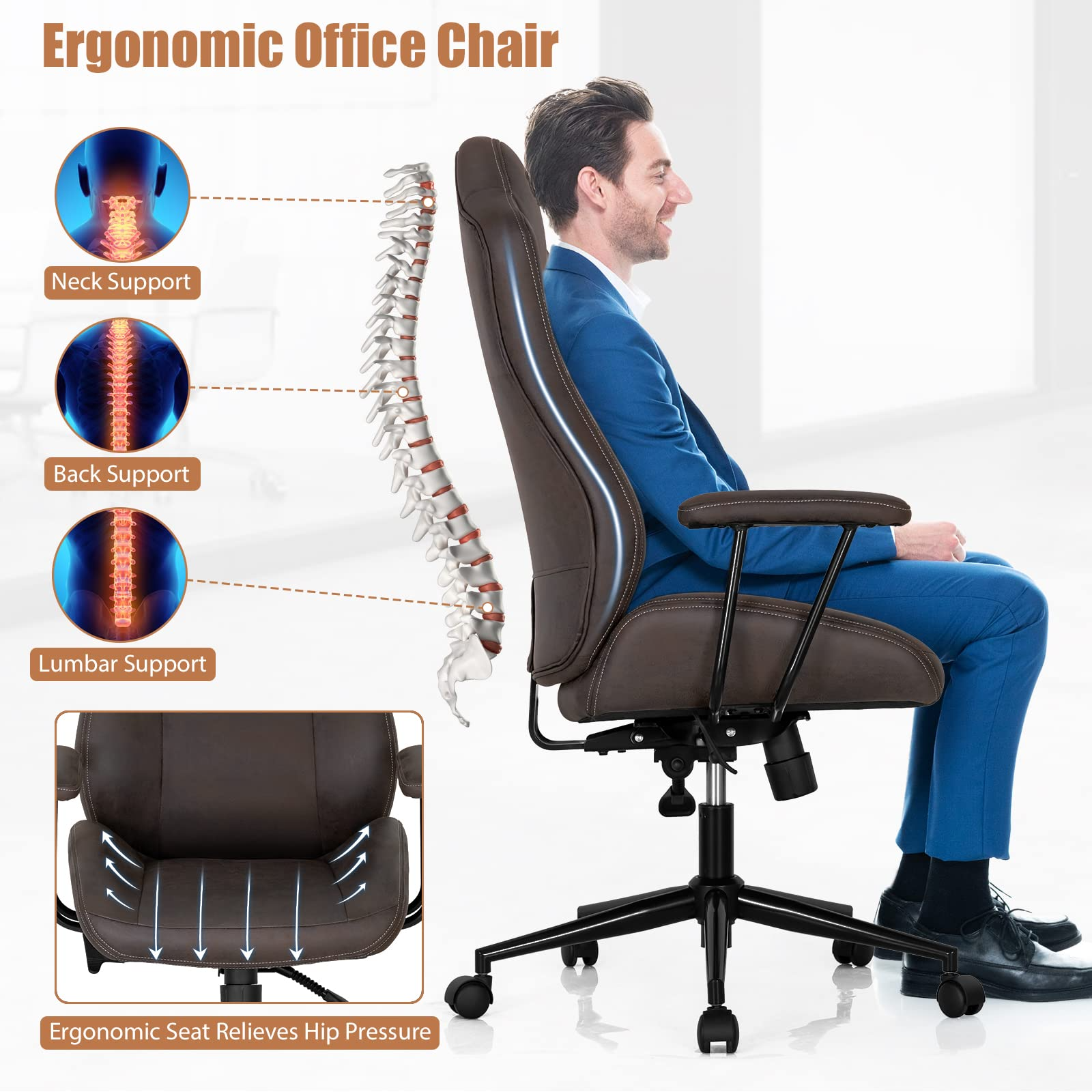 Ergonomic Leathaire Task Chair with Comfortable Padded Seat & Detachable Armrests