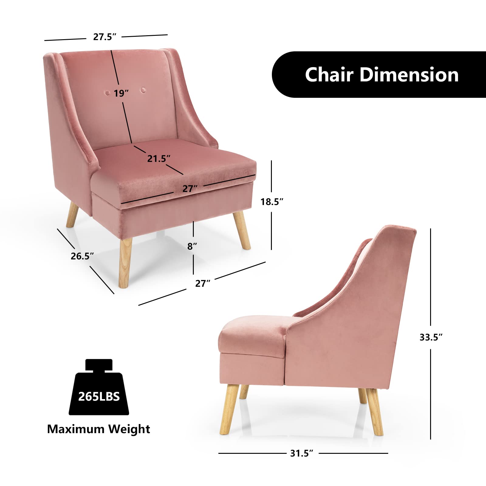 Giantex Pink Accent Chair, Comfy Velvet Swoop Chair w/Rubber Wood Legs, Padded Seat