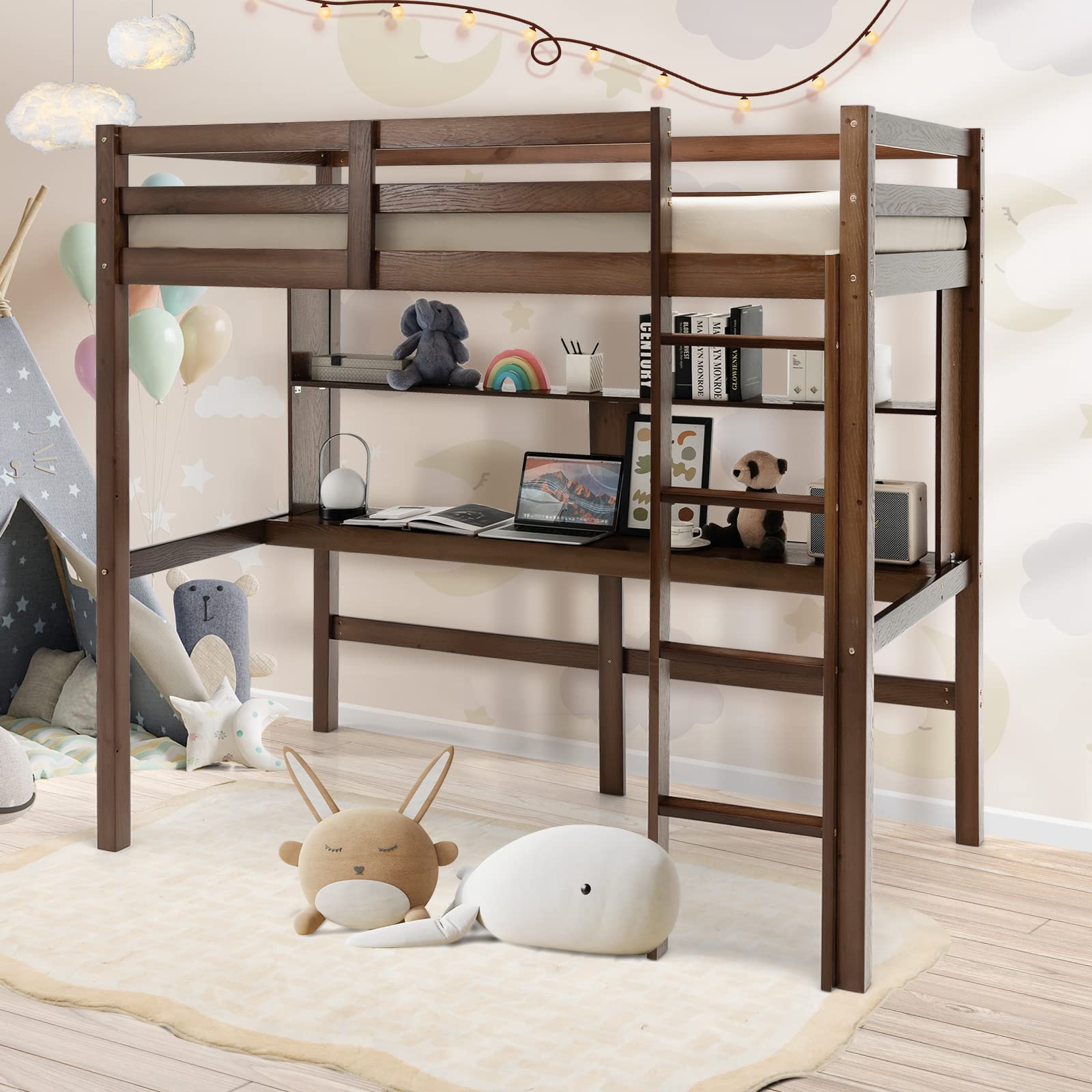 Giantex Twin Loft Bed with Desk and Bookshelf, Wooden Bed Frame with Safety Guardrail & Ladder