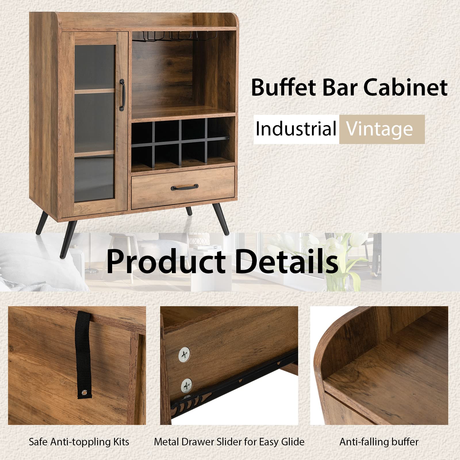 Giantex Buffet Sideboard with Drawer, Wine Cabinet for 8 Bottles, Glass Holder, 3 Tier Cupboard Tempered Glass Door (Rustic Brown & Black)