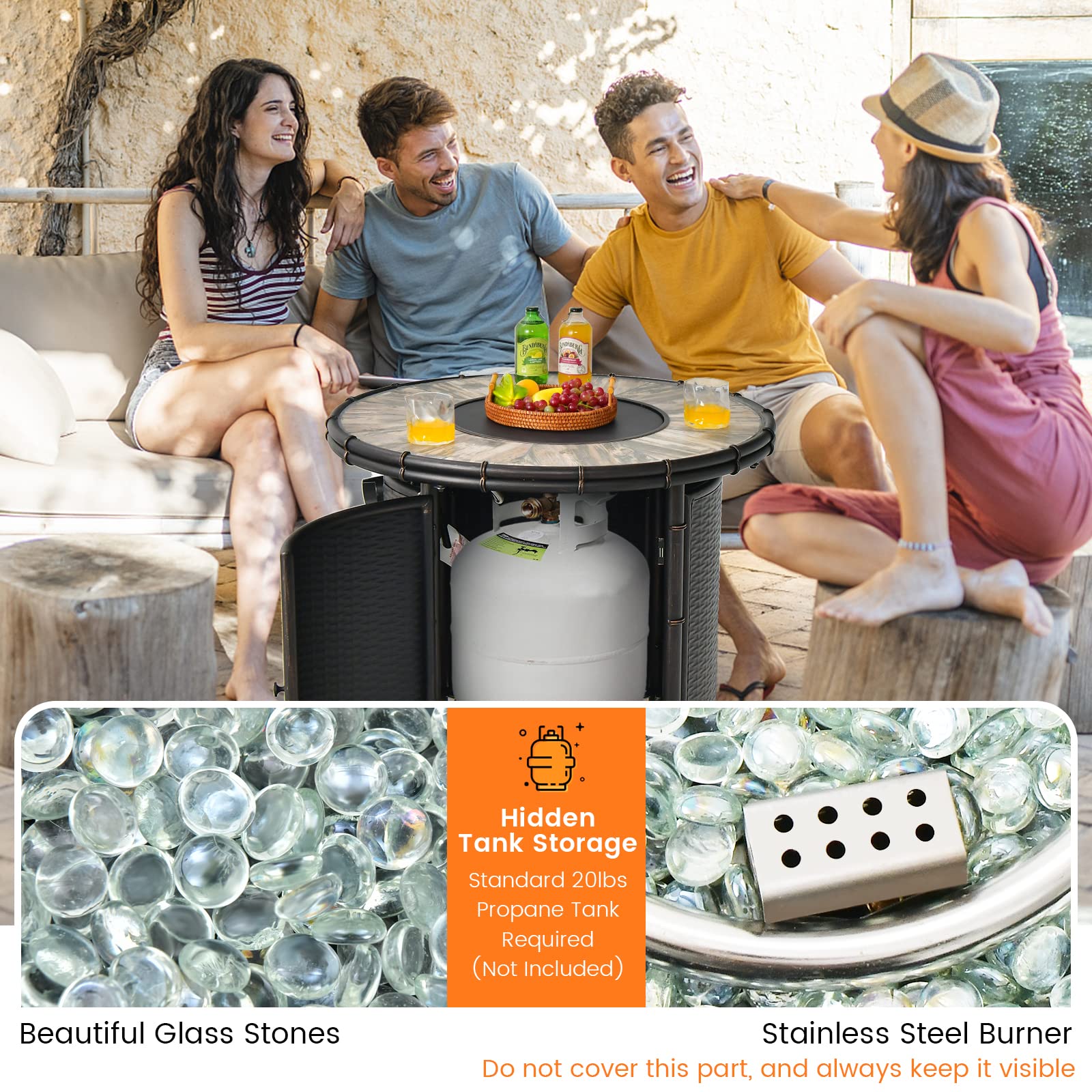 Giantex 33" Outdoor Fire Pit Table - 30,000 BTU Round Metal Fire Table with Lid, PVC Cover, Glass Stones