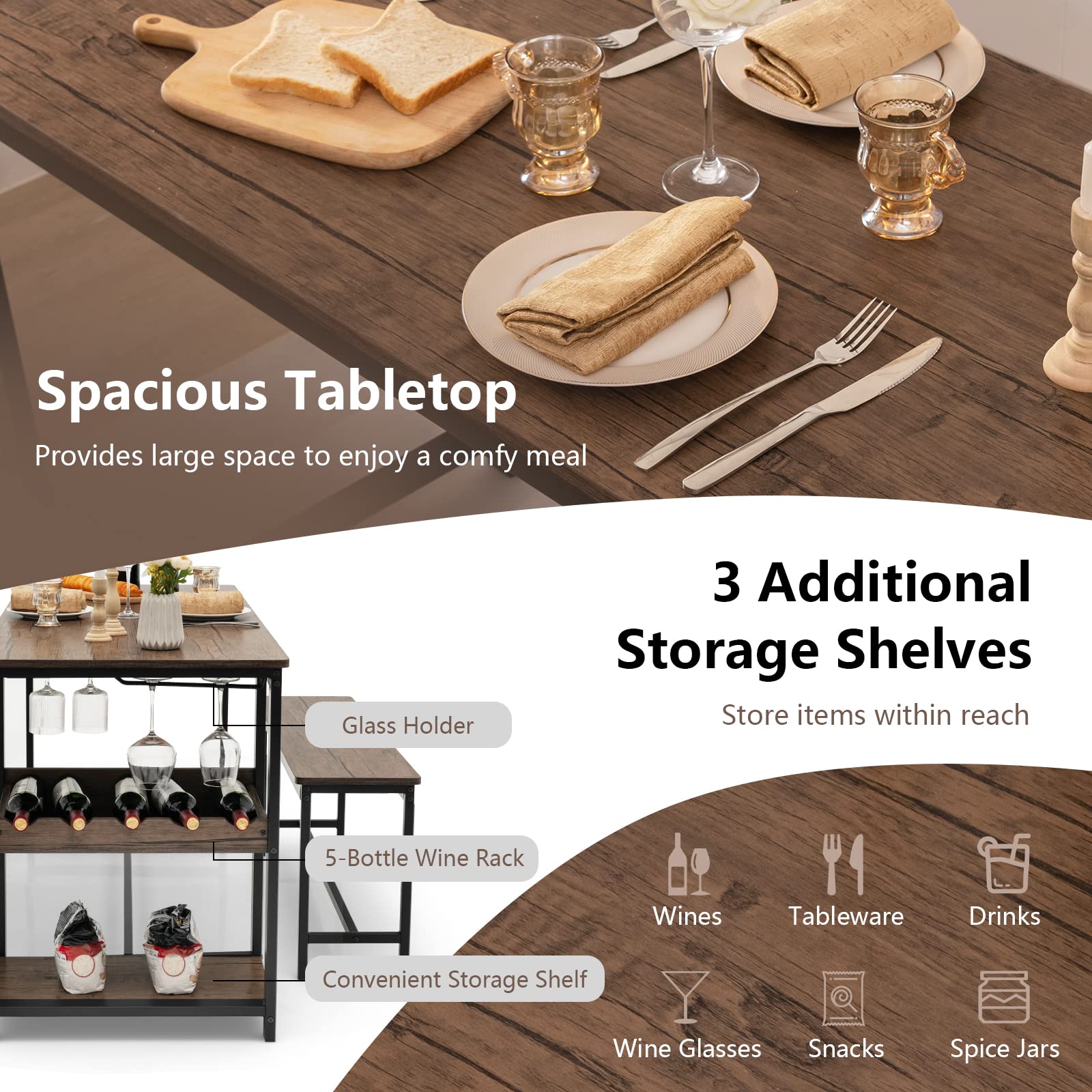Giantex 3-Piece Dining Table Set for 4, Rustic Kitchen Dinner Table with 2 Benches