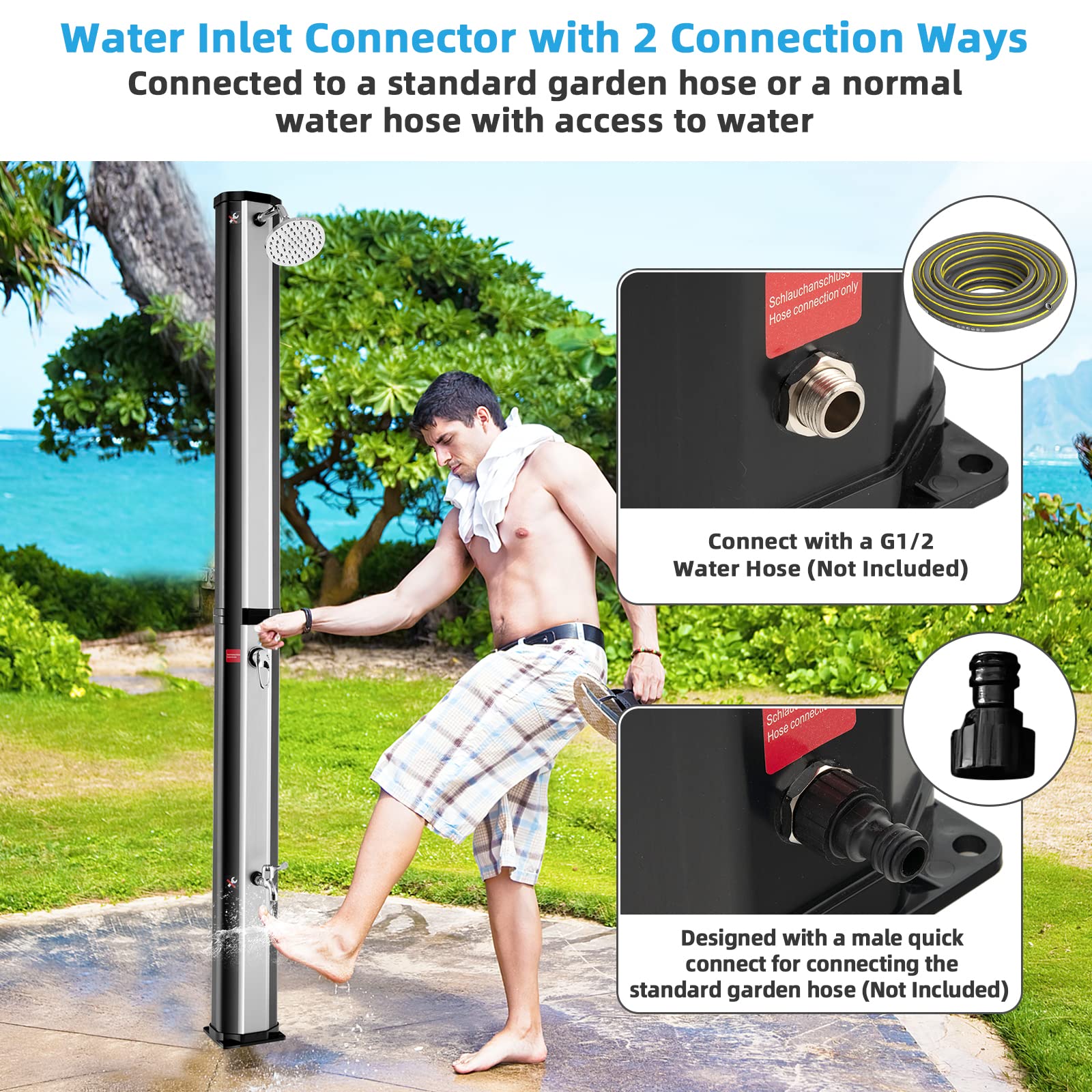 Giantex 7.2 FT 10 Gallon 2-Section Solar-Heated Outdoor Shower, Pool Shower W/Free-Rotating Shower Head