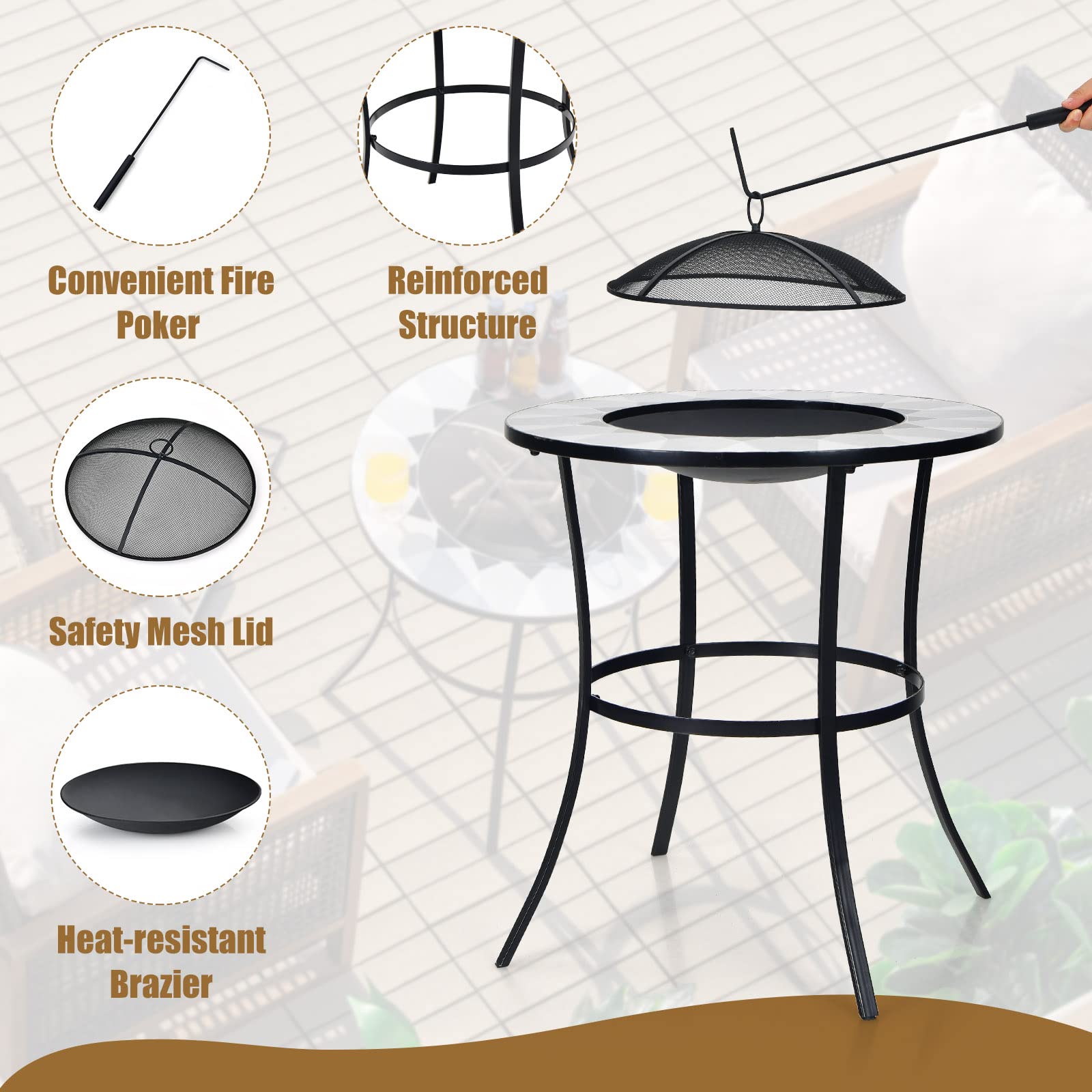 Giantex Fire Pit Table, Outdoor Fire Pit with Mesh Cover, Fire Poker, Tile Tabletop