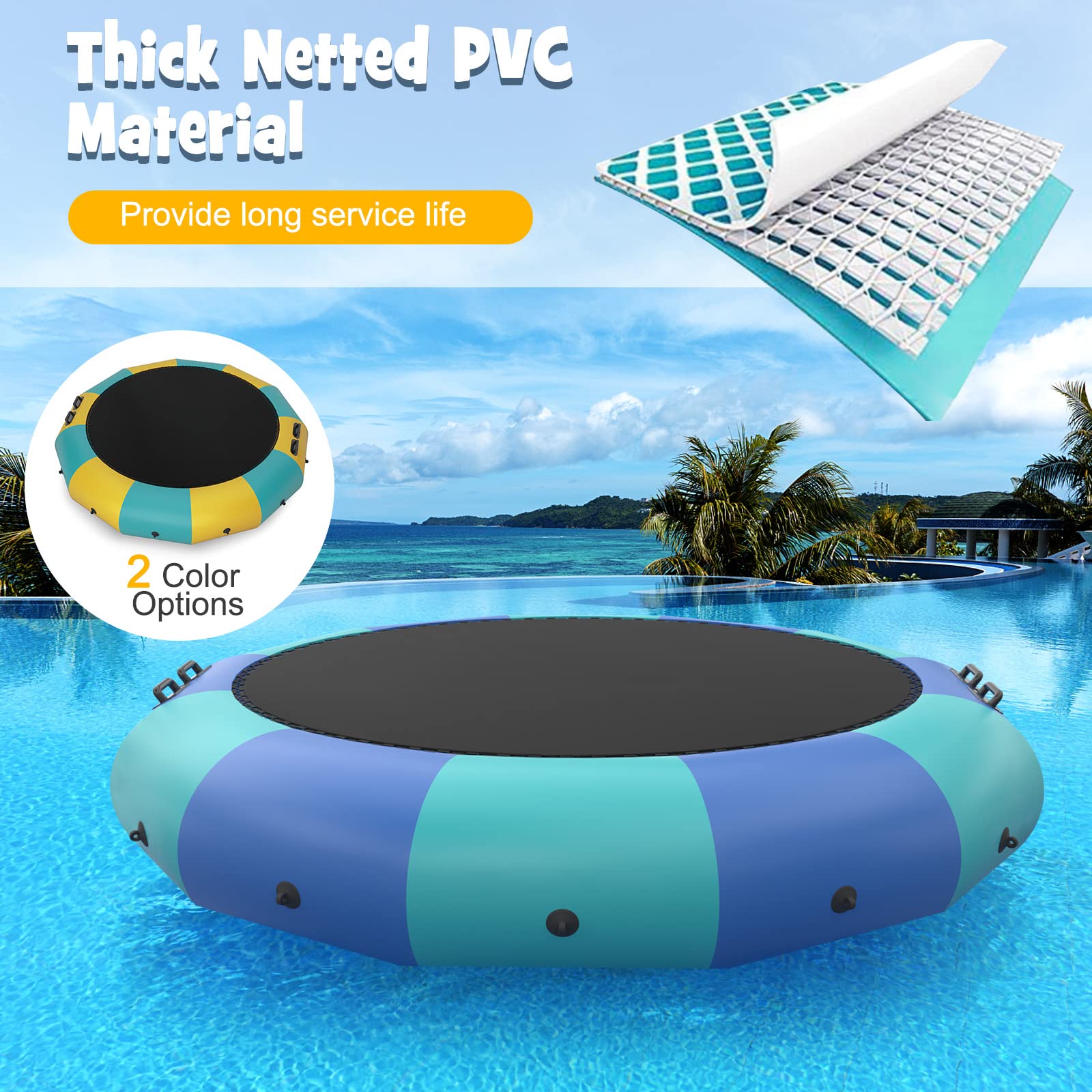 Giantex 10Ft 12Ft 15Ft Inflatable Water Trampoline, Floating Rebounder Trampoline with 500W Blower and 3-Step Rope Ladder