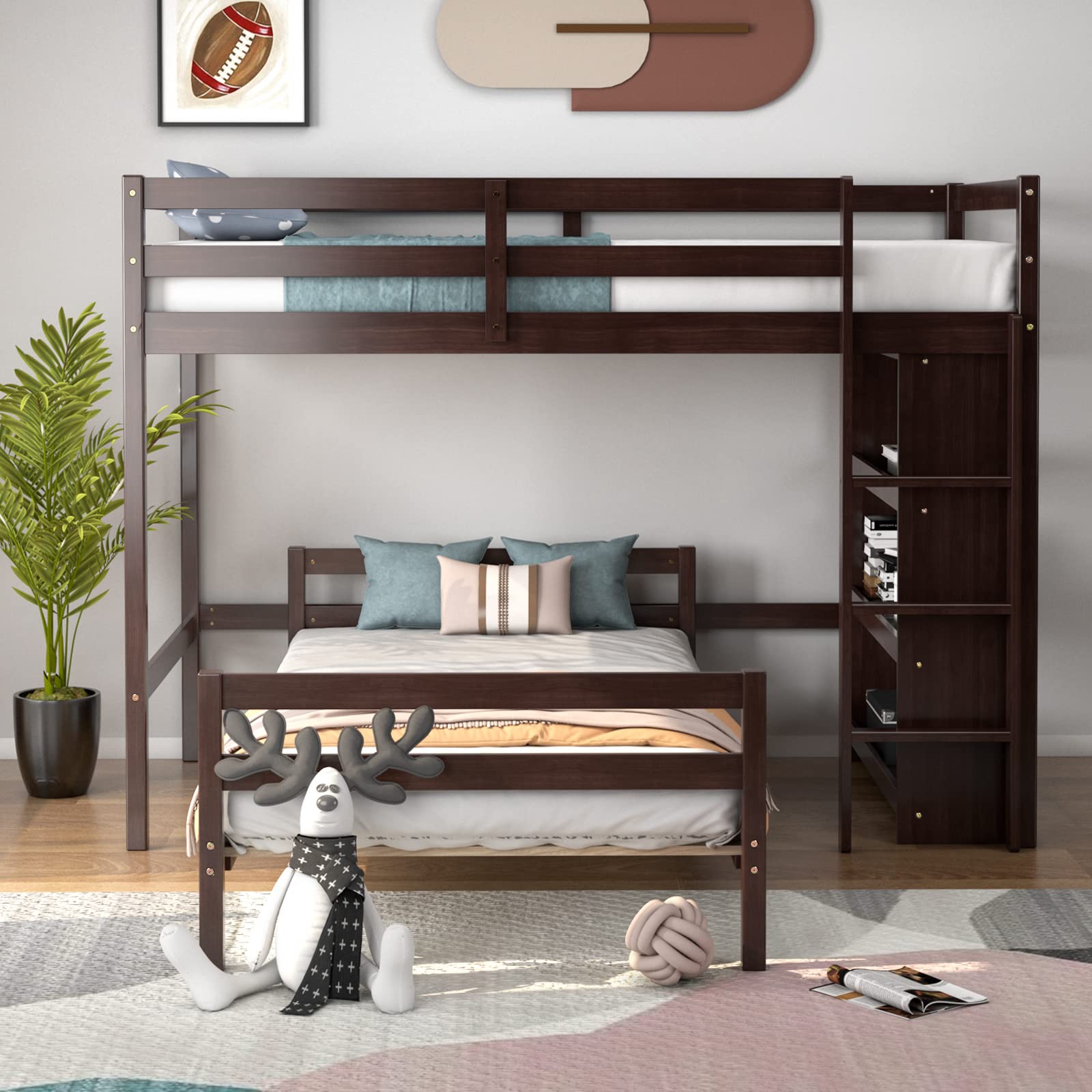 Giantex Twin Over Twin Loft Bed w/ Bookcase, Bunk Bed w/ 12.5" Full-Length Guardrail & Ladder