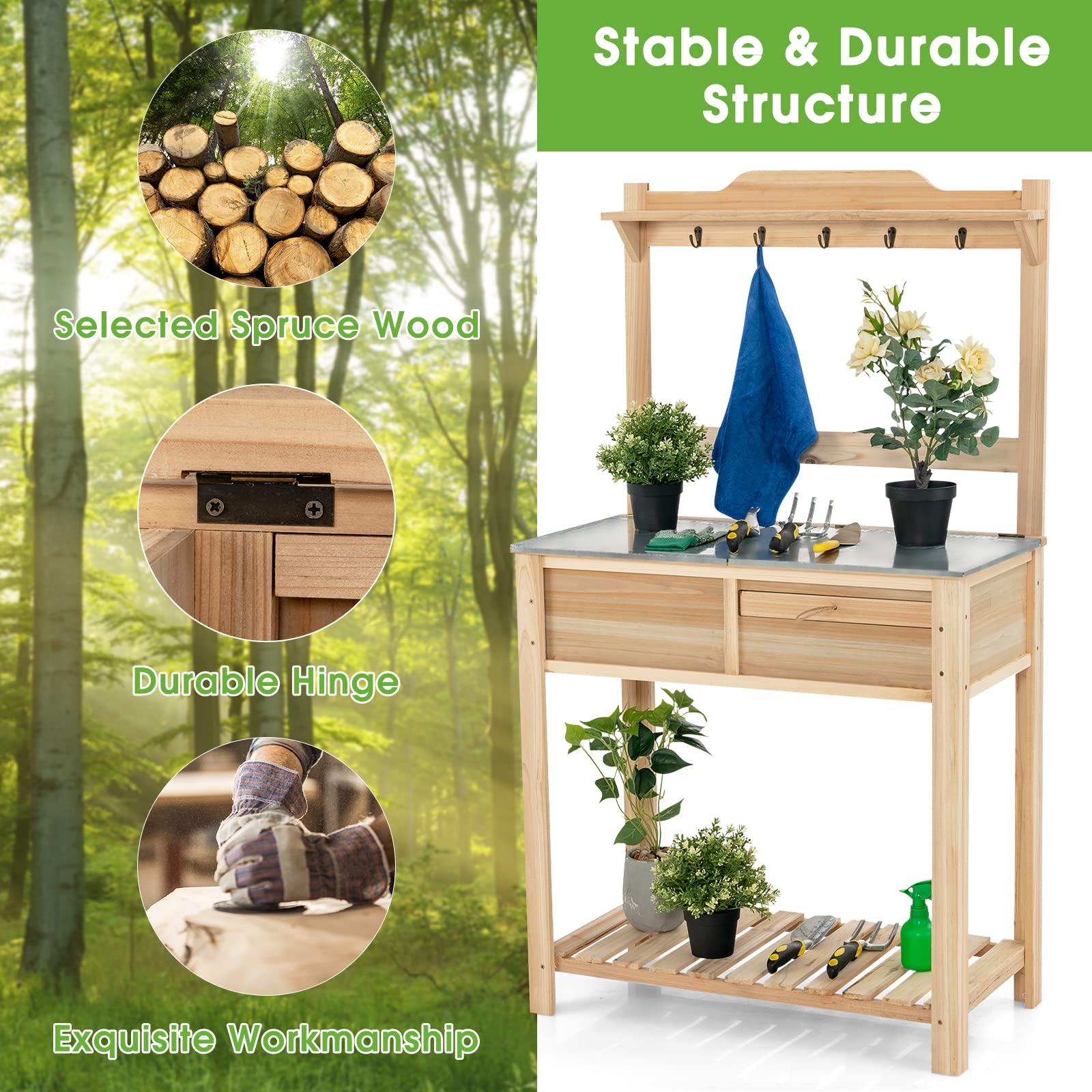Giantex Potting Bench Outdoor Wooden Planting Table with Flip-Open Galvanized Metal Tabletop, Planting Box