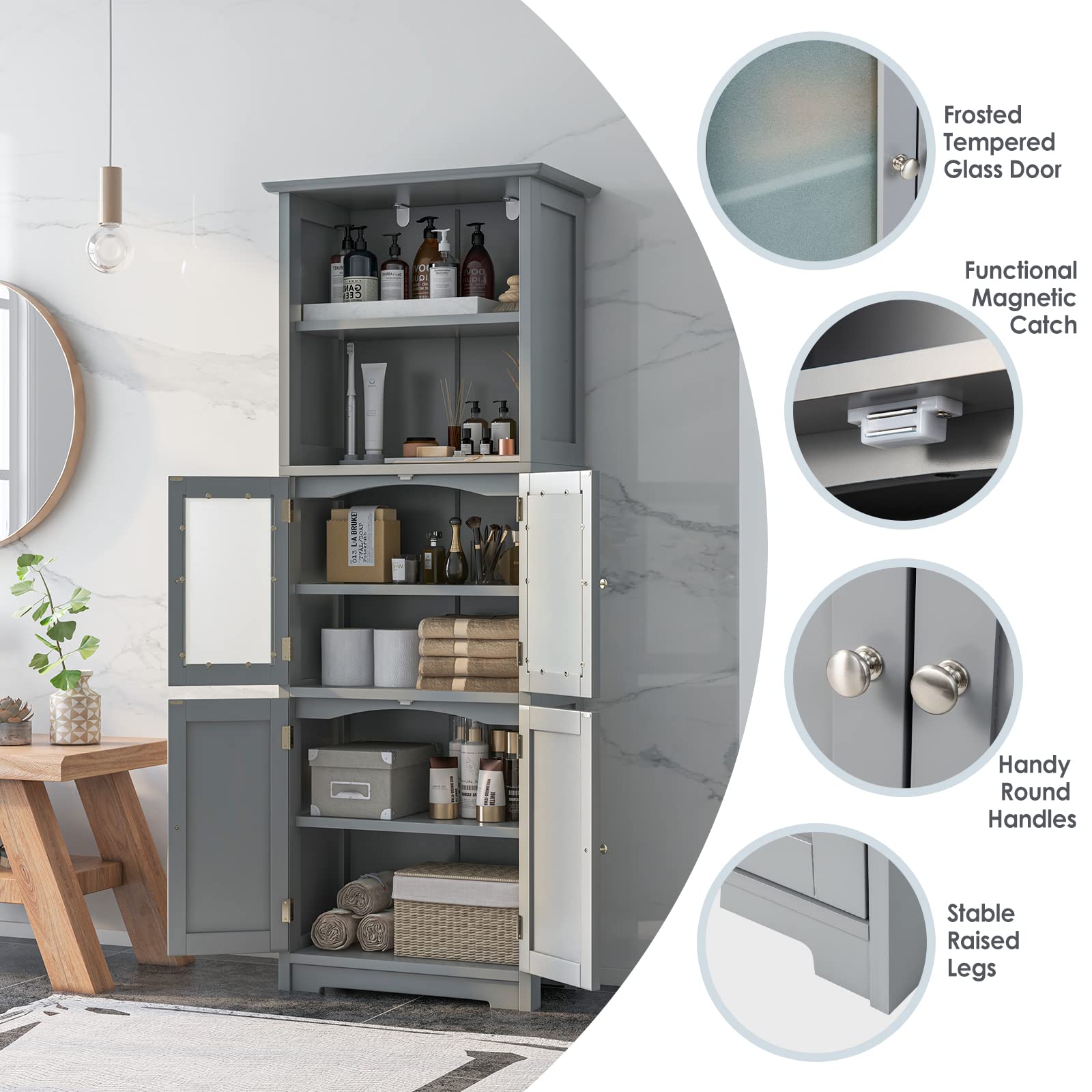 Giantex 64" Tall Bathroom Storage Cabinet, Freestanding Kitchen Pantry Cupboard with 2 Cabinets