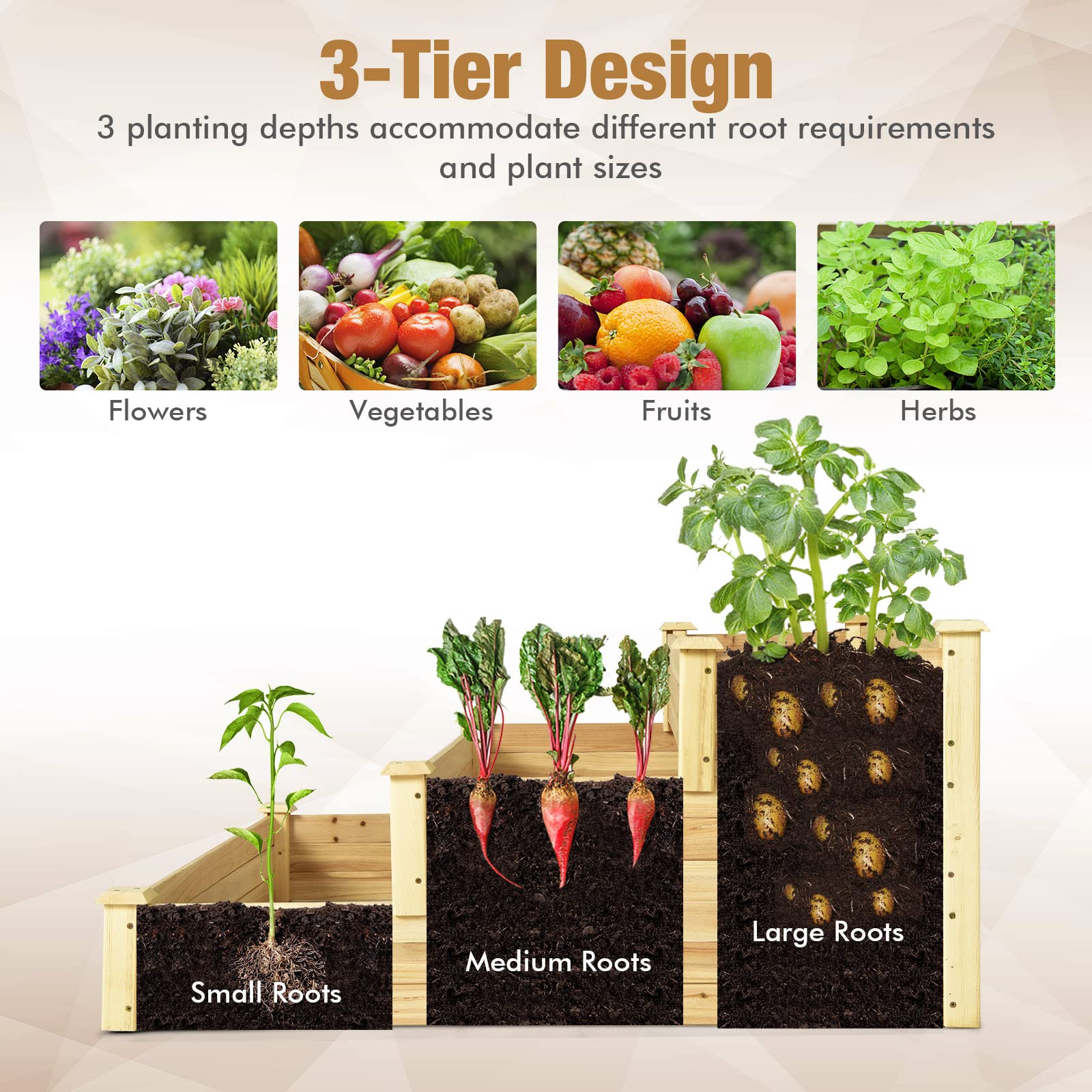Giantex 3 Tier Raised Garden Bed, Wood Planter Box 48 x 48 x 22 Inch Vegetable Flower Herb Fruit Growing Bed Kit