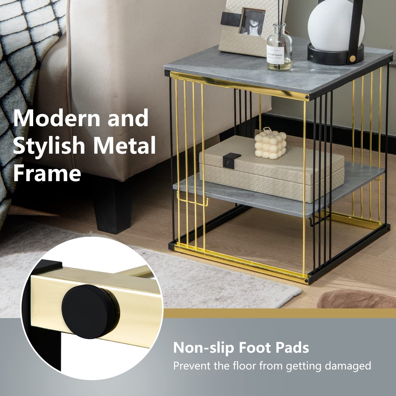 Giantex Modern Side Table, Faux Marble End Table with Golden Line Frame