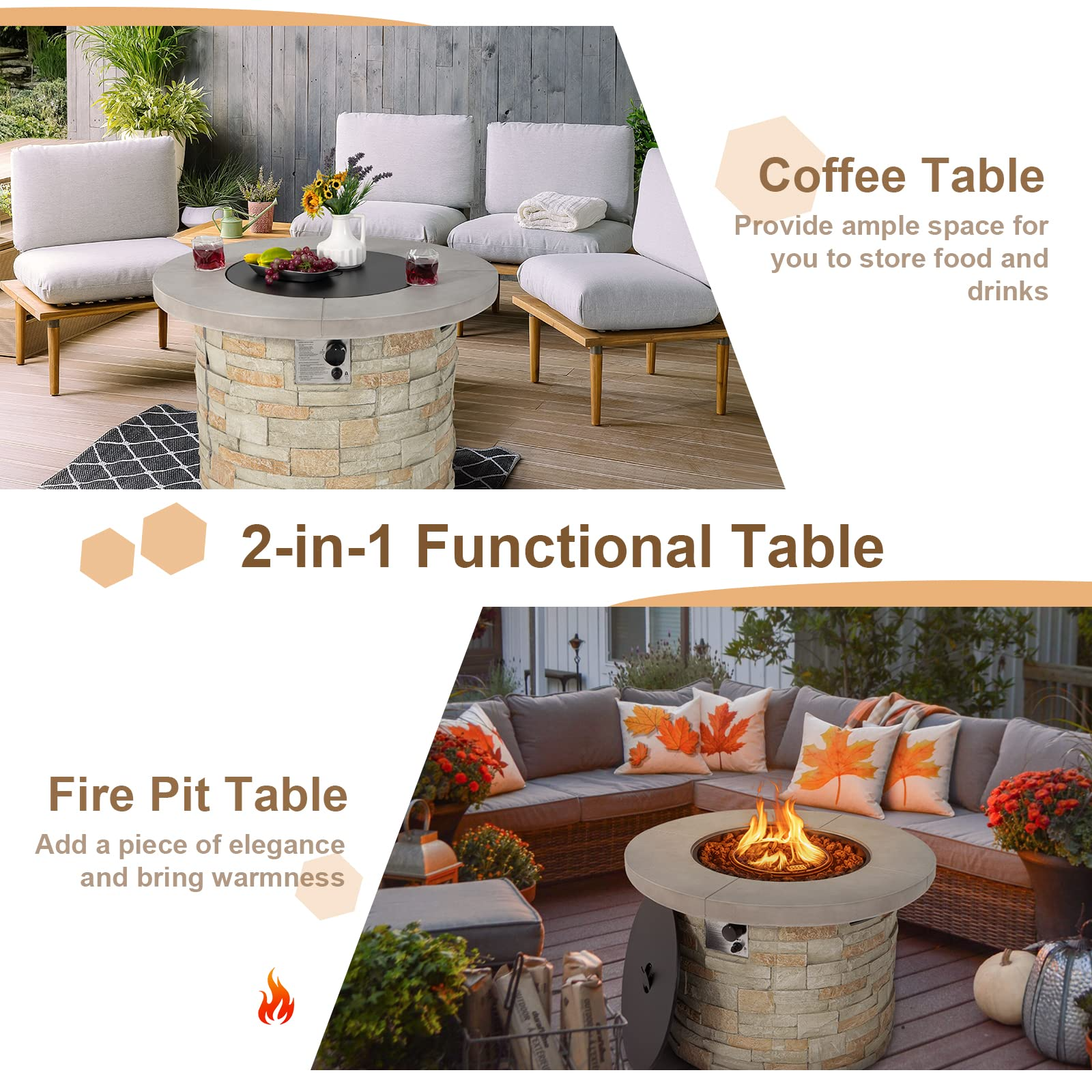 Propane Gas Fire Pit Table - 2-in-1 Outdoor 36" Round Fire Table W/ Volcanic Rock & PVC Cover