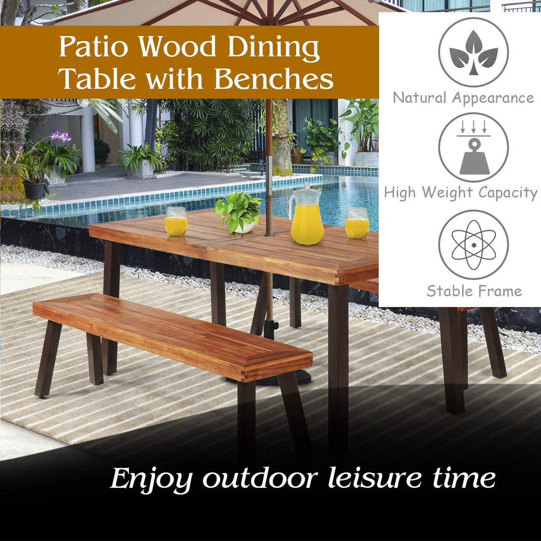 Patio Dining Table Set with 2 Benches, Outdoor Picnic Table Set with Umbrella Hole