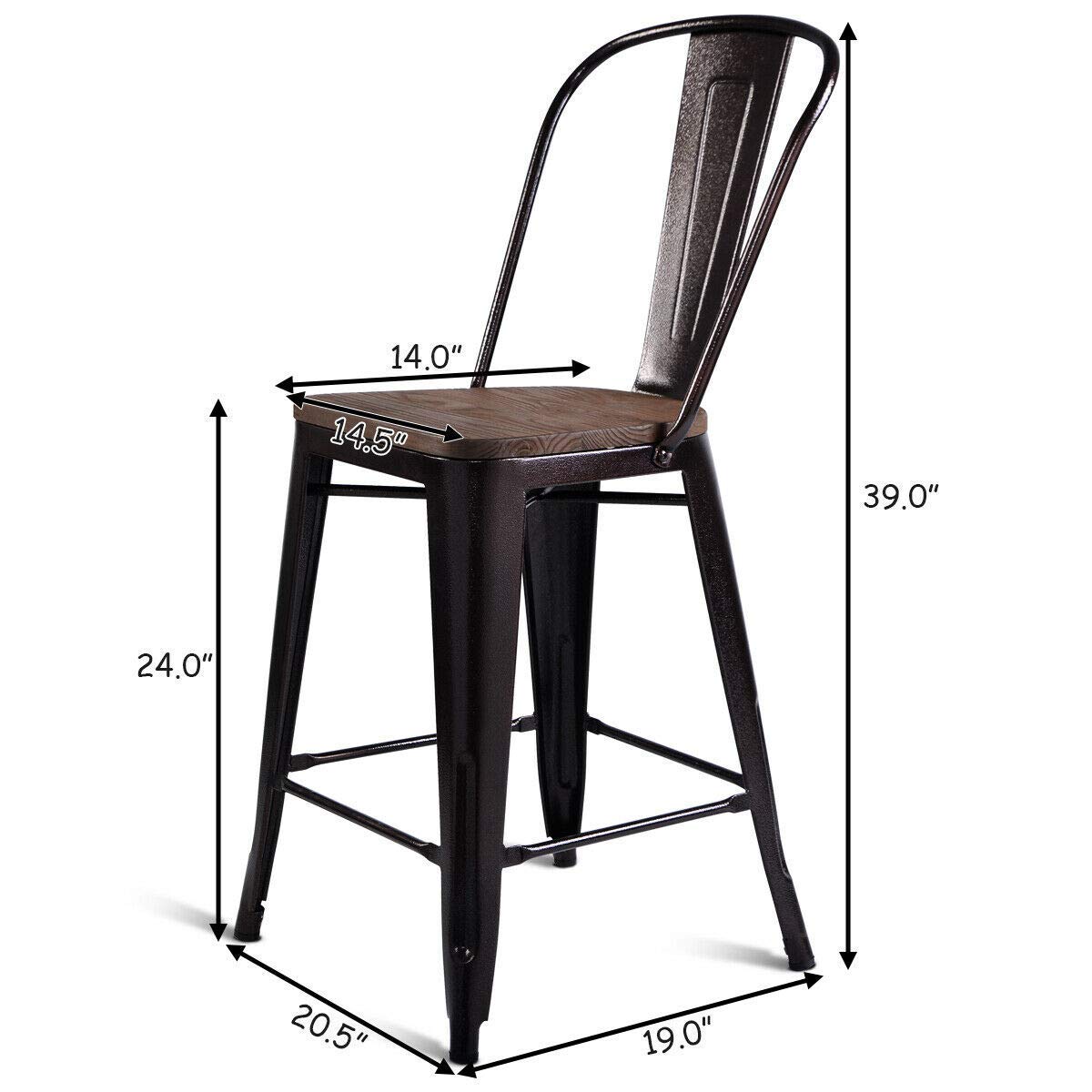 Giantex Tolix Style Dining Stools with Wood Seat and Backrest, Industrial Metal Counter Height Stool