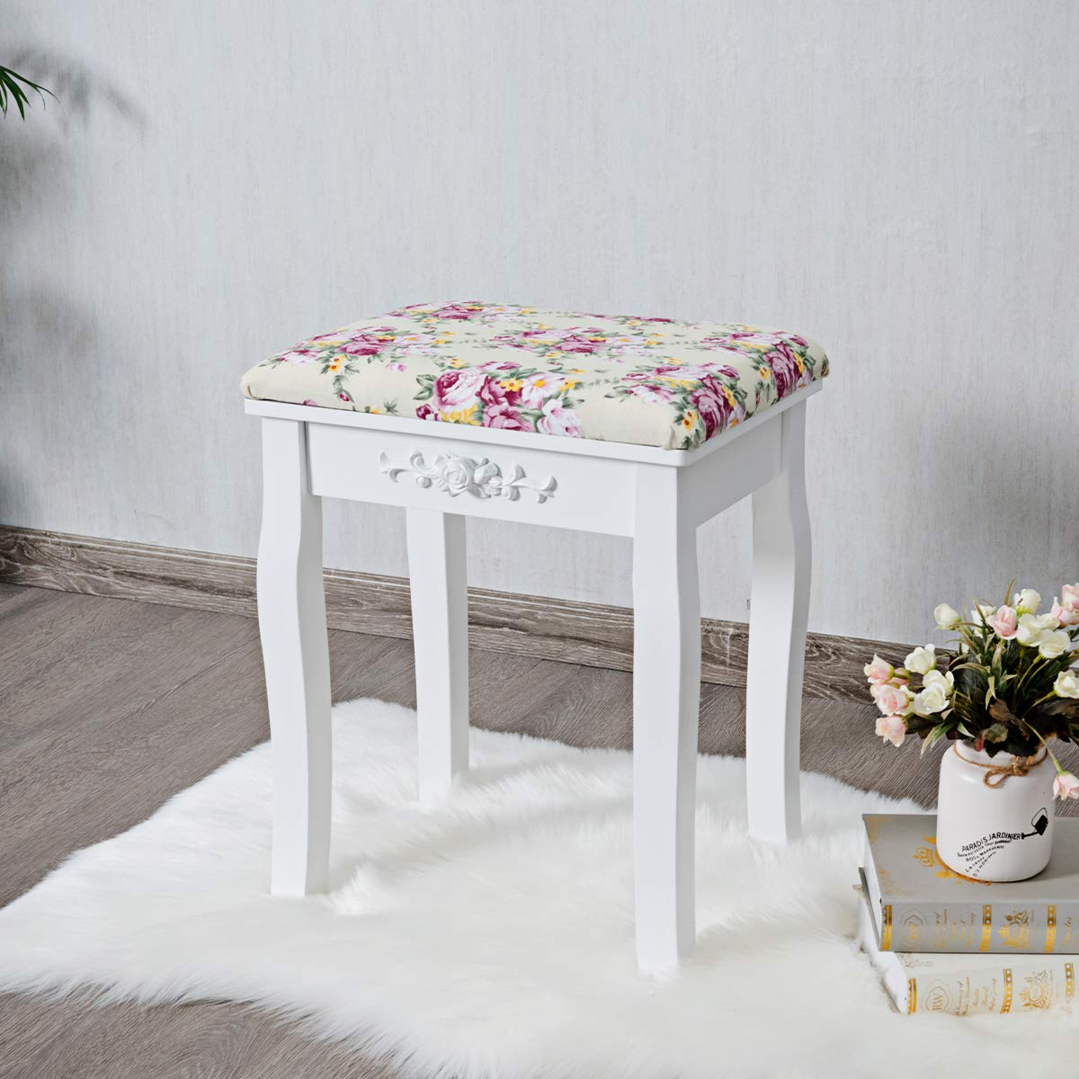 Vanity Stool Wood Dressing Padded Chair (White)