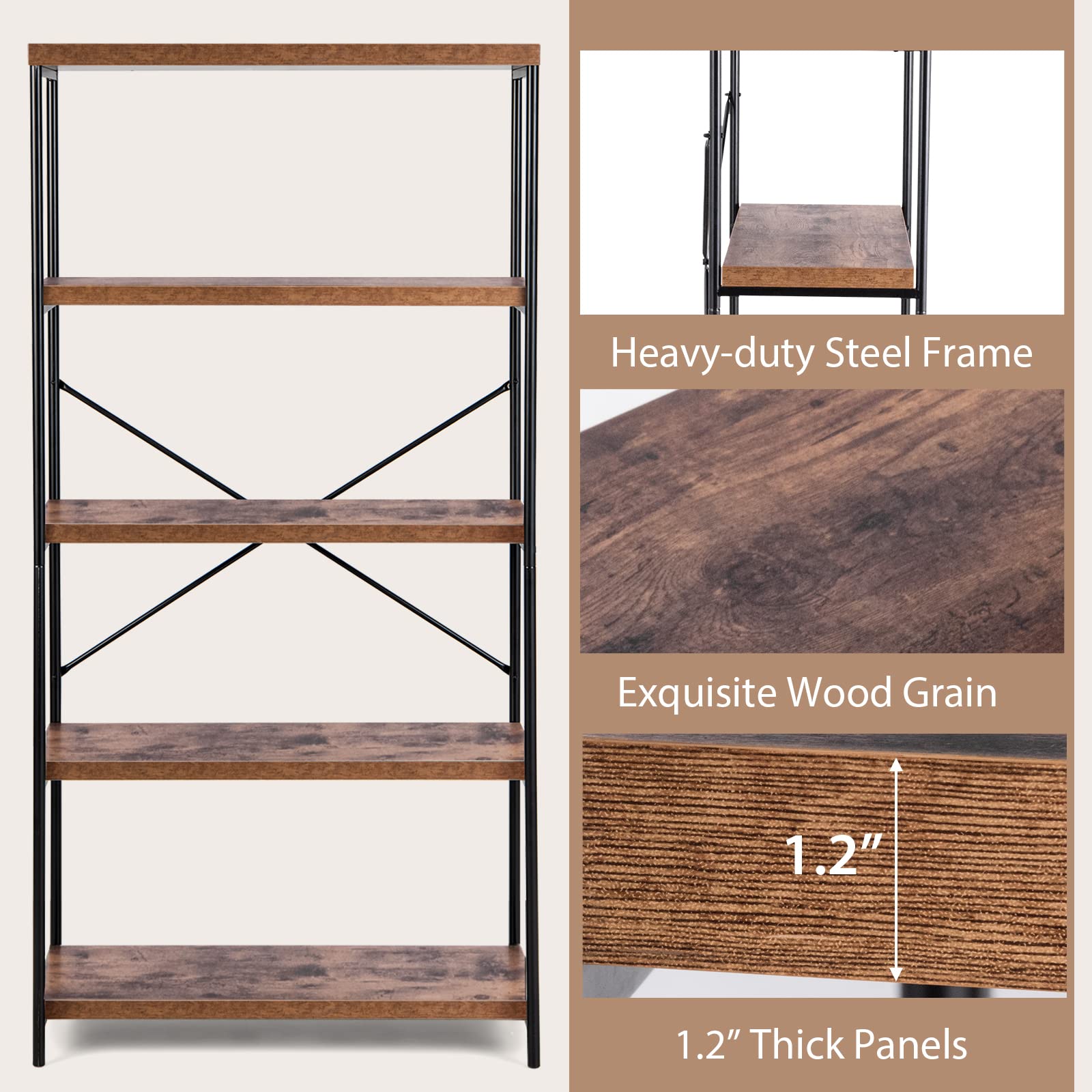 Giantex Industrial 5-Tier Wood Bookshelf - 63’’ Tall Open Storage Organizer Shelves with Anti-Tipping Device and Foot Pads