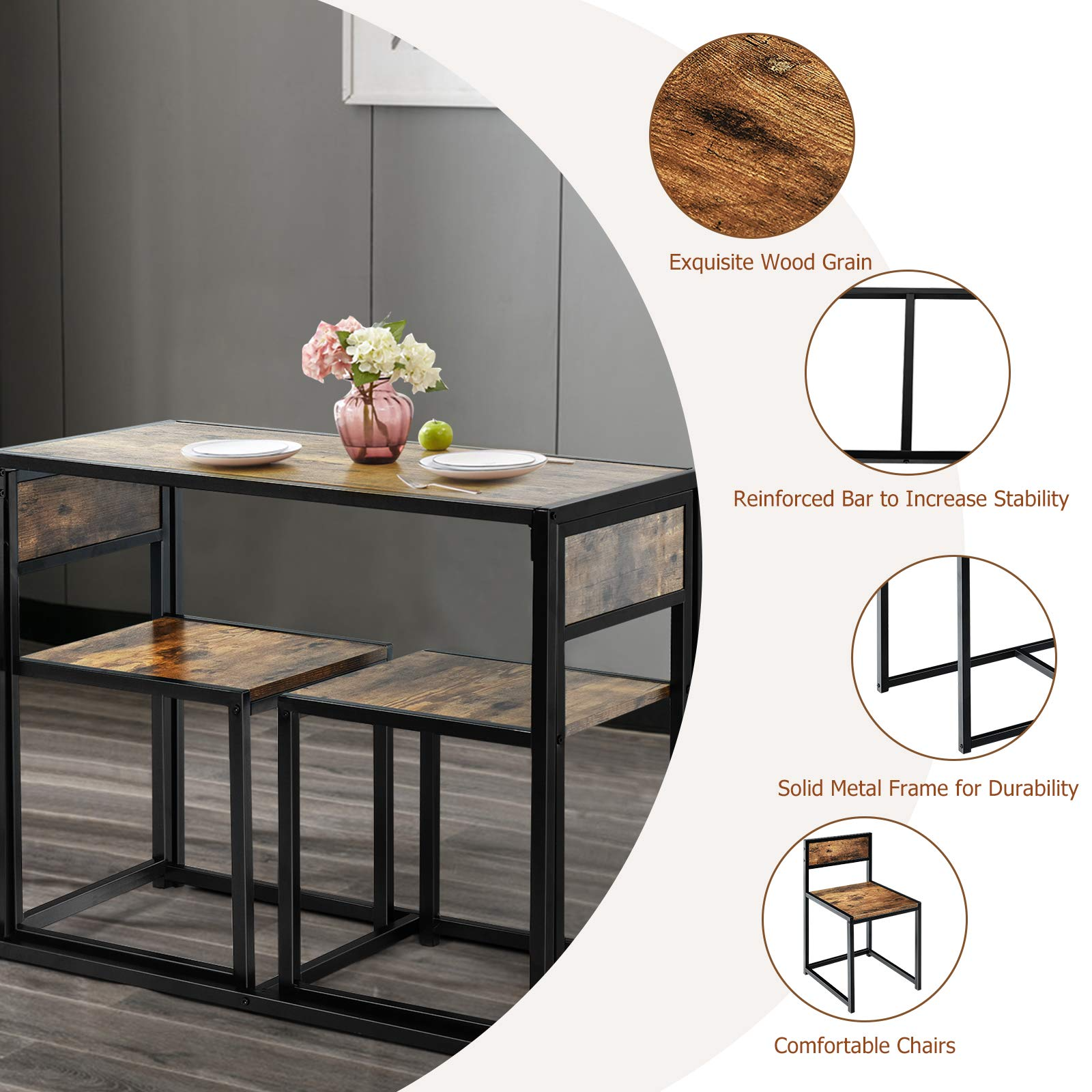 3 Piece Dining Set, Industrial Dining Table with 2 Chairs