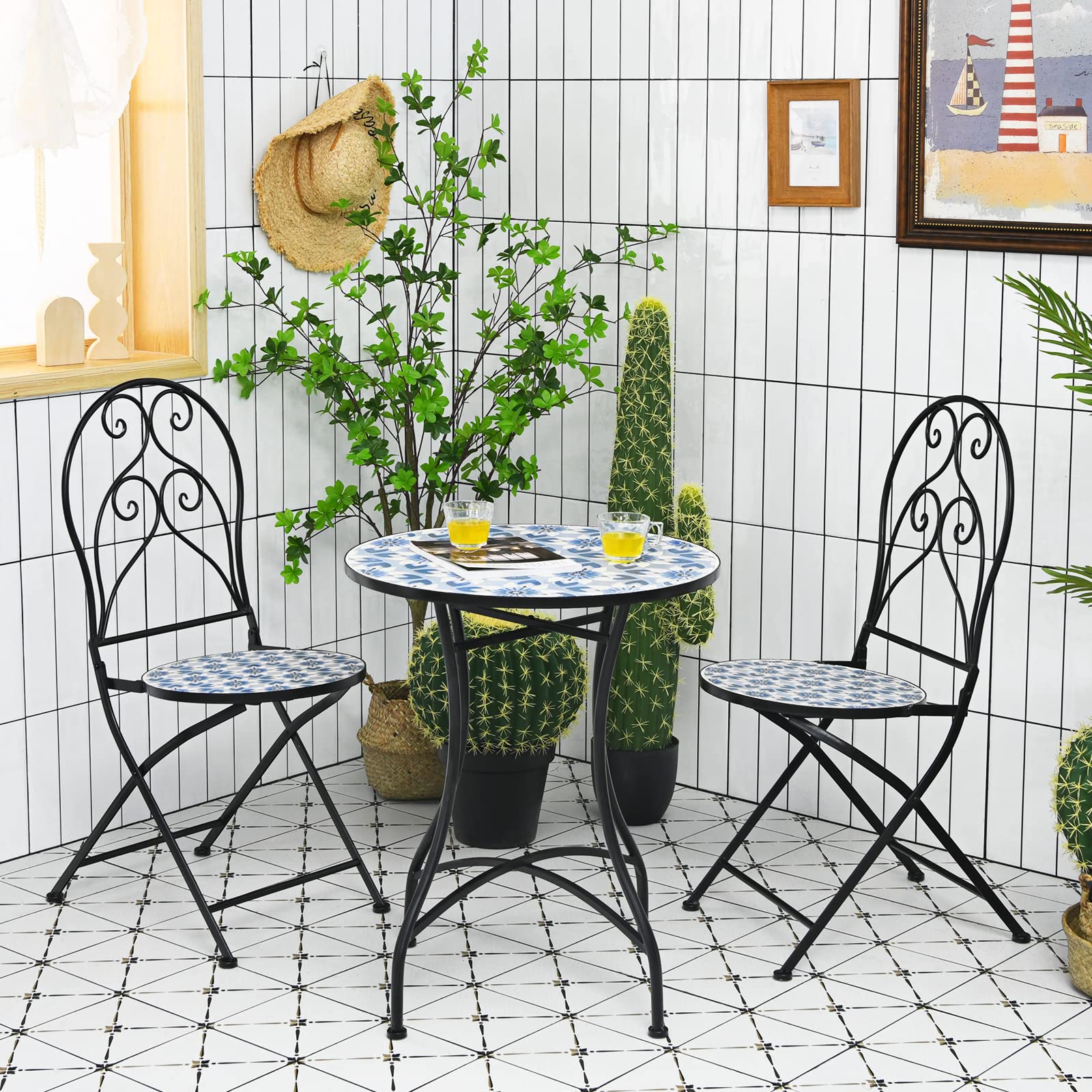 Giantex 2 Pieces Folding Bistro Chairs, Mosaic Patio Chairs with Ceramic Tiles Seat and Exquisite Floral Pattern